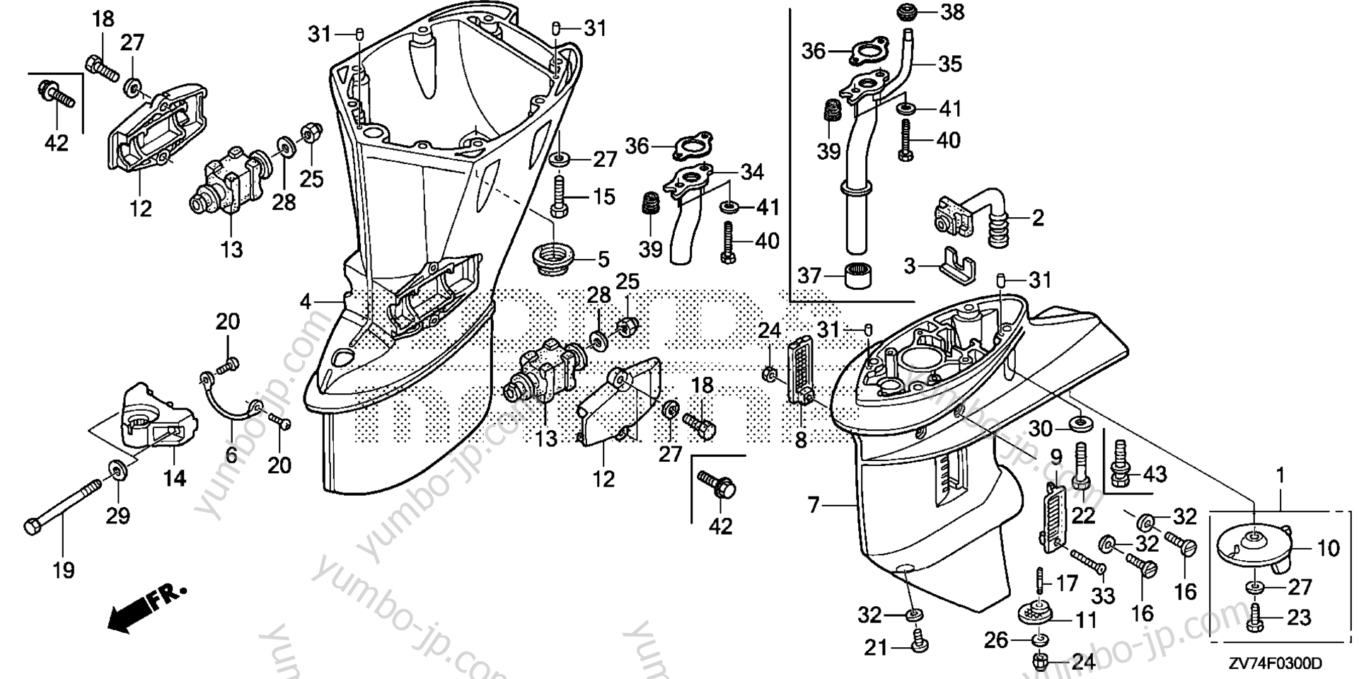 Устройство корпуса (ноги) и дополнительные детали для стационарных двигателей HONDA BF25DK0 LHA 