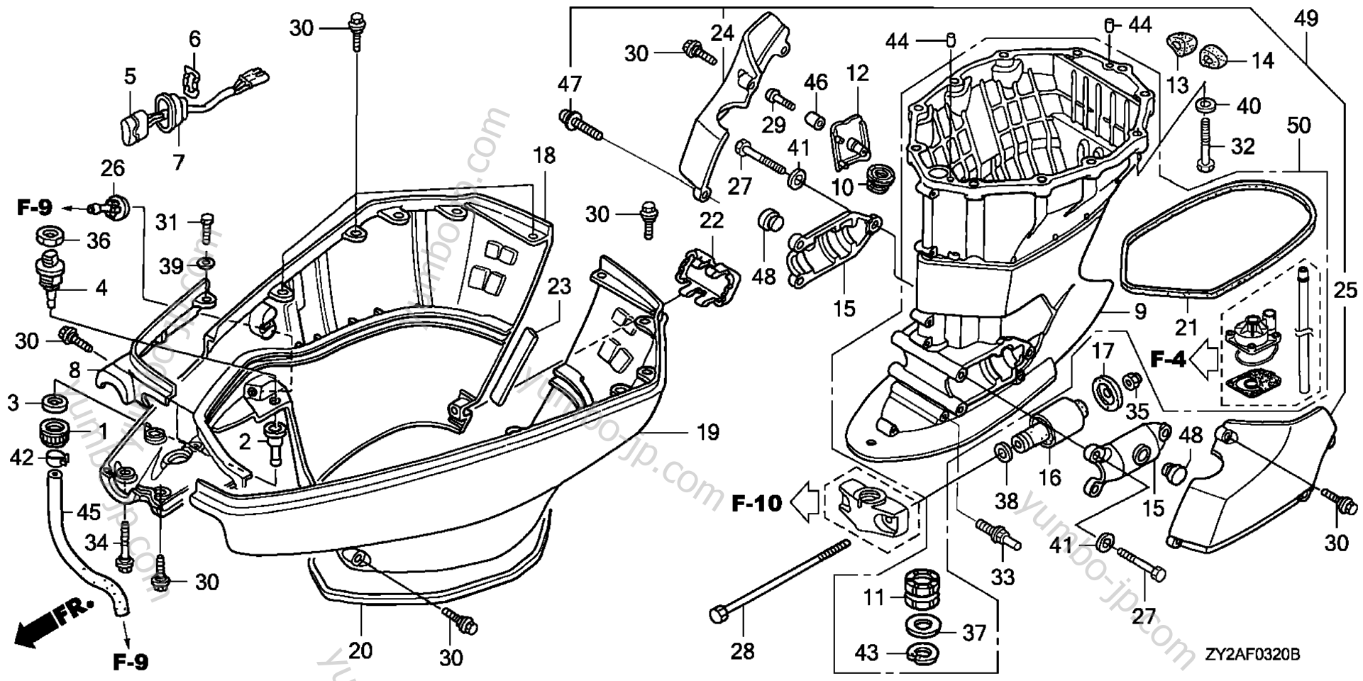 Устройство корпуса (ноги) и дополнительные детали для стационарных двигателей HONDA BF225AK0 XXA 