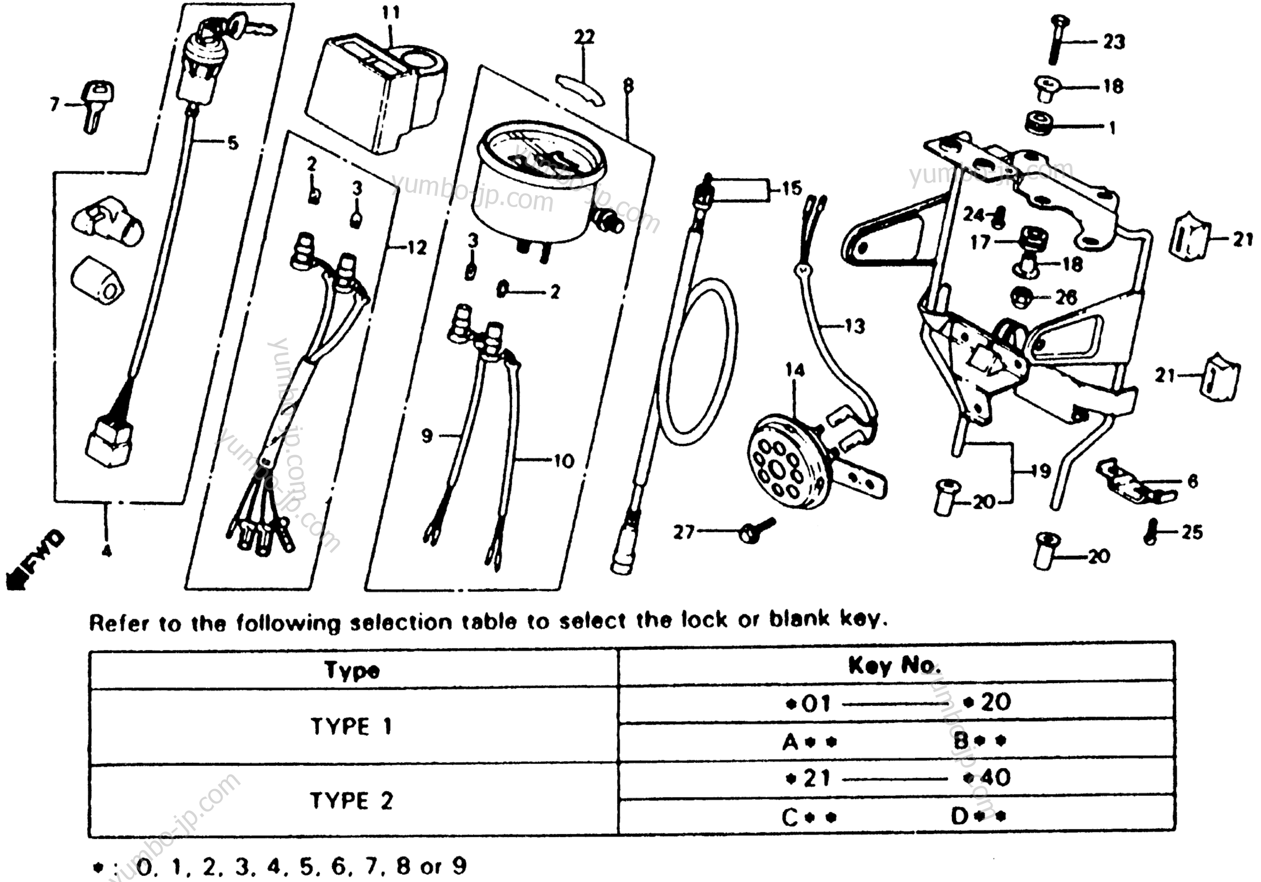 INSTRUMENTS / HORN / KEY SET для мотоциклов HONDA XL185S A 1981 г.