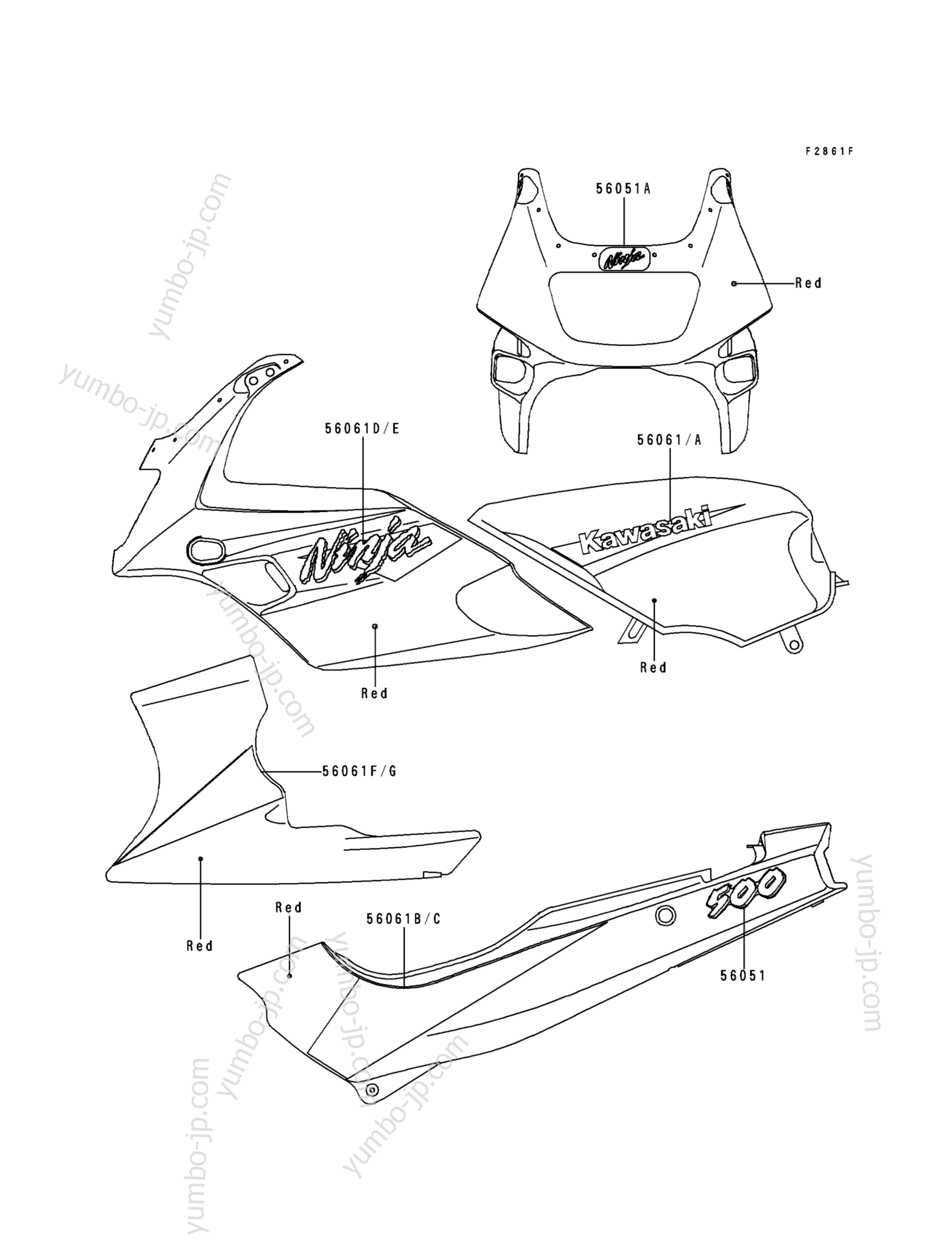 Decals(Red)(EX500-D4) for motorcycles KAWASAKI NINJA 500 (EX500-D4) 1997 year