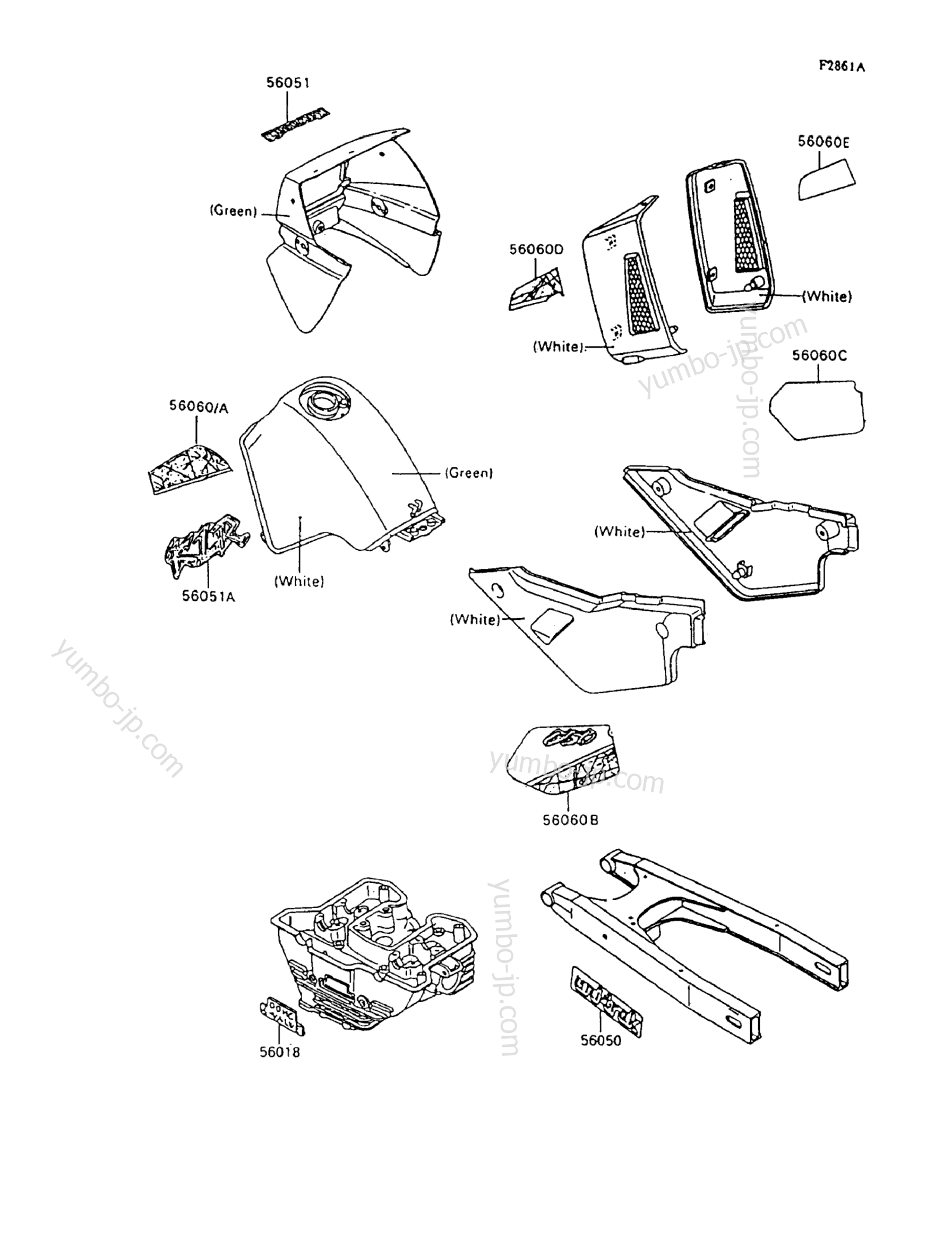 Decals(Green/White) for motorcycles KAWASAKI KLR650 (KL650-A9) 1995 year