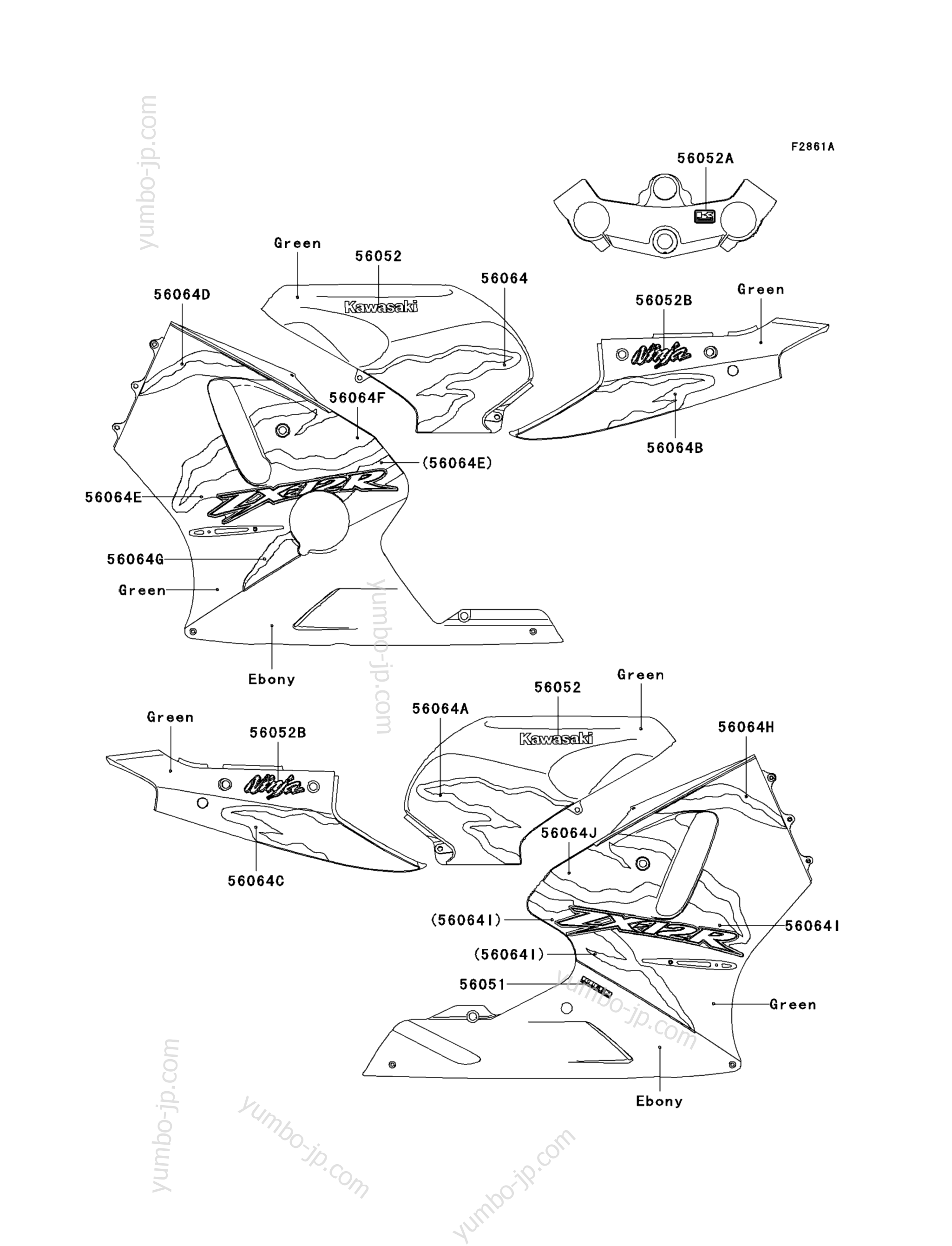 Decals(Green) для мотоциклов KAWASAKI NINJA ZX-12R (ZX1200-A2) 2001 г.