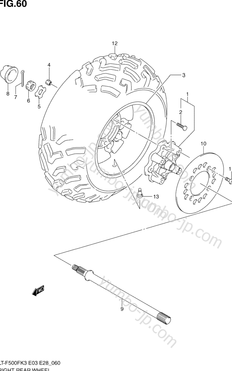 RIGHT REAR WHEEL для квадроциклов SUZUKI Vinson 4WD (LT-F500F) 2003 г.