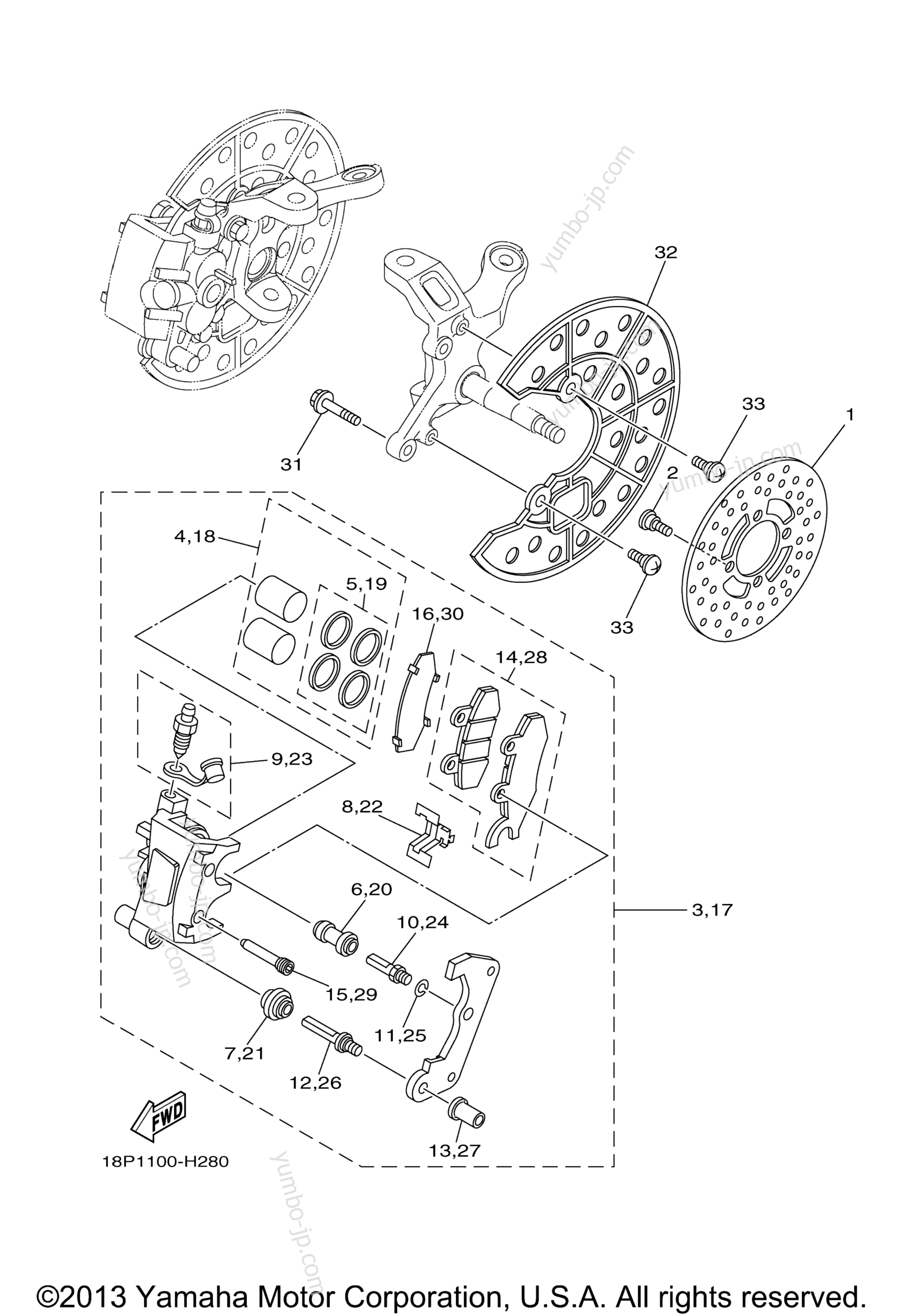 FRONT BRAKE CALIPER для квадроциклов YAMAHA YFZ450X SPECIAL EDITION (YFZ450XSEA) 2011 г.