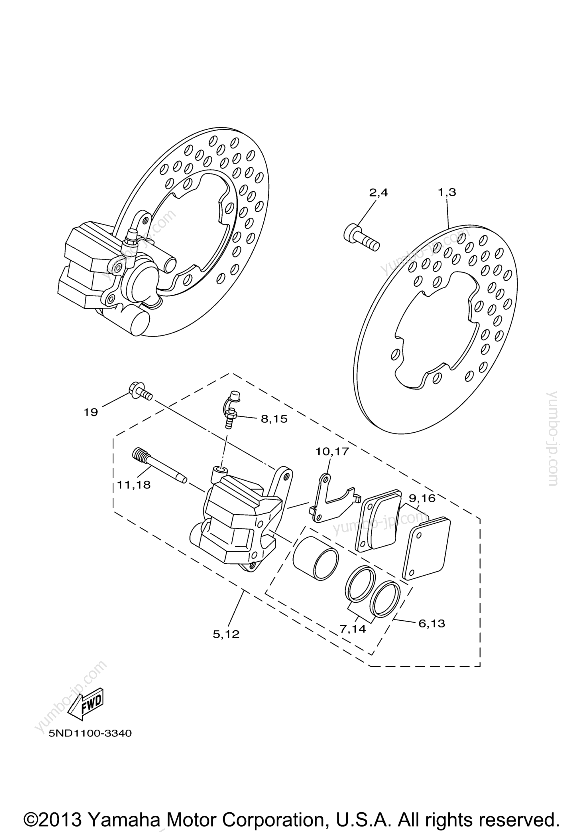 FRONT BRAKE CALIPER для квадроциклов YAMAHA BRUIN 350 4WD HUNTER (YFM35FAHV) 2006 г.