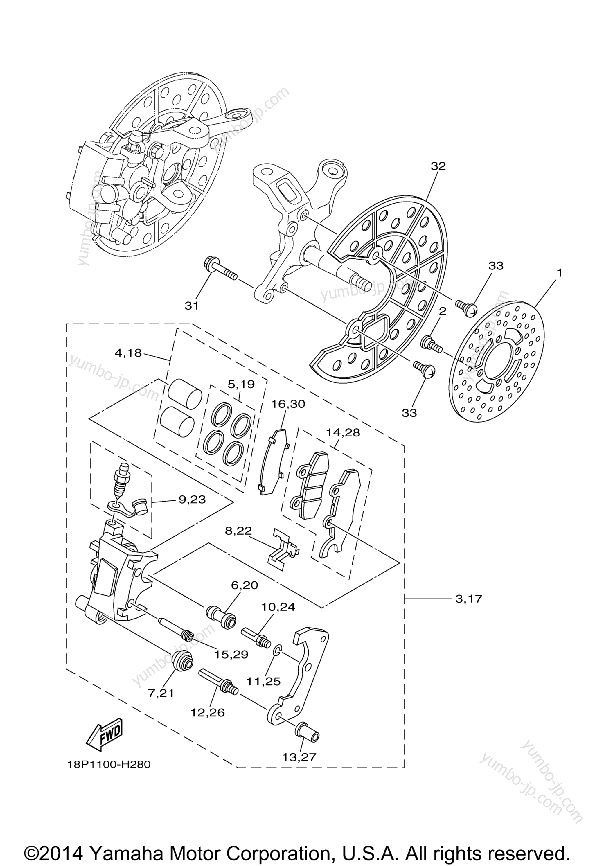 FRONT BRAKE CALIPER для квадроциклов YAMAHA YFZ450R (YFZ450RFL) 2015 г.