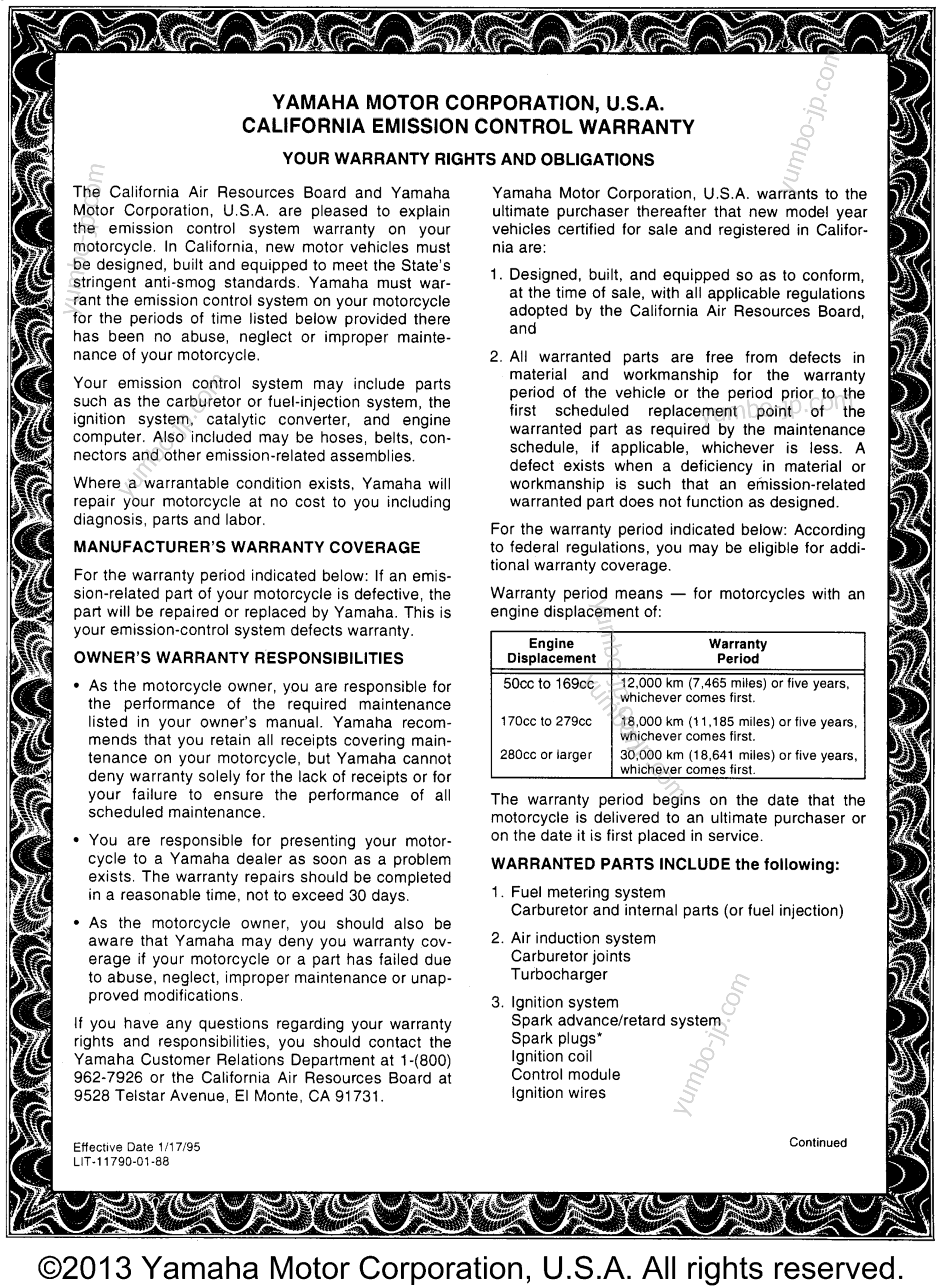 * Audio Warranty - Service Pg - 2 * for motorcycles YAMAHA SECA II (XJ600SHC) CA 1996 year