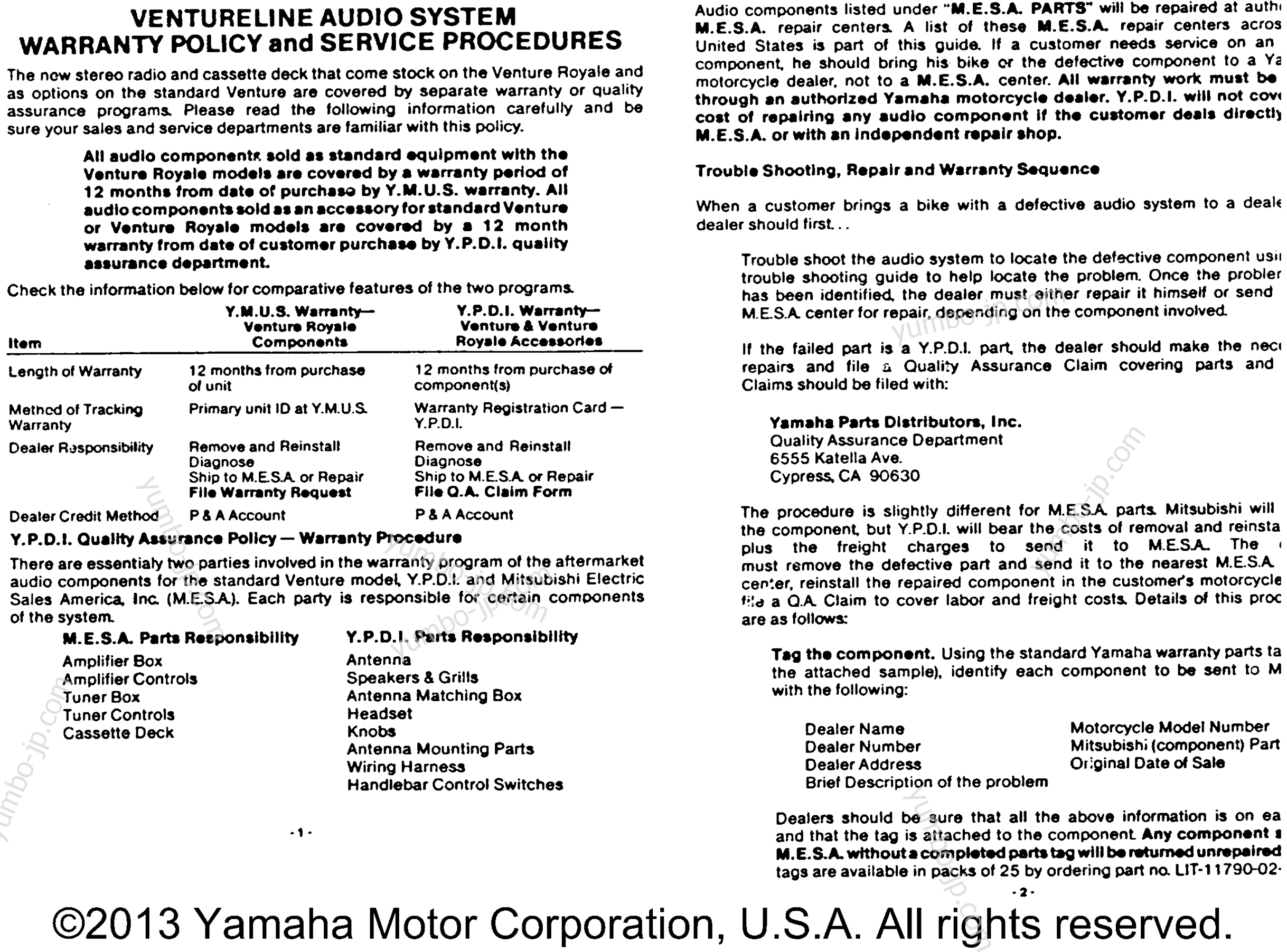 Audio Warranty Service Pg 1 for motorcycles YAMAHA XVZ12TDK 1983 year