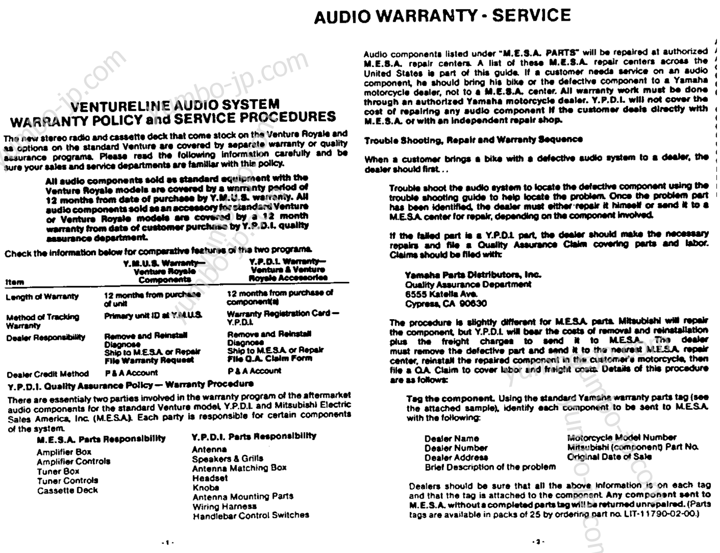* Warranty Information Pg - 1* для мотоциклов YAMAHA XVZ12DN 1985 г.