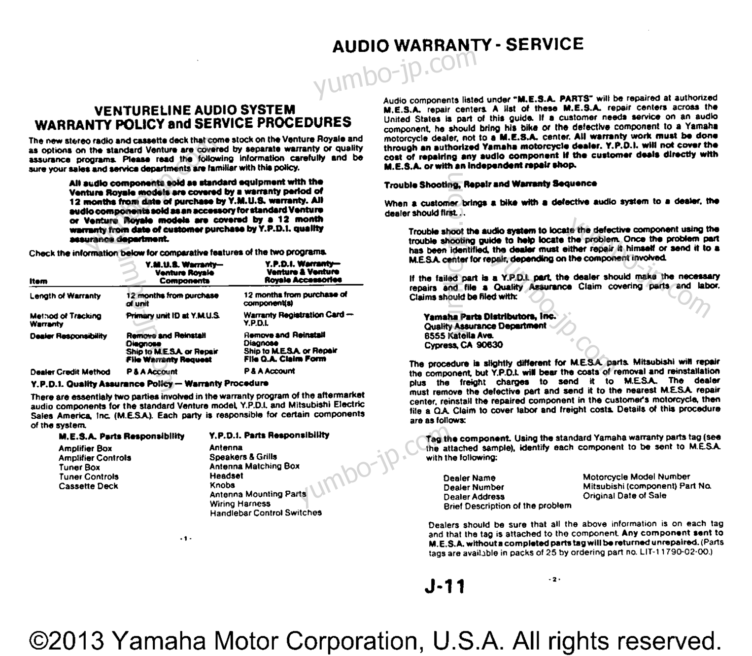 Warranty Information Pg 1 for motorcycles YAMAHA XVZ12DL 1984 year