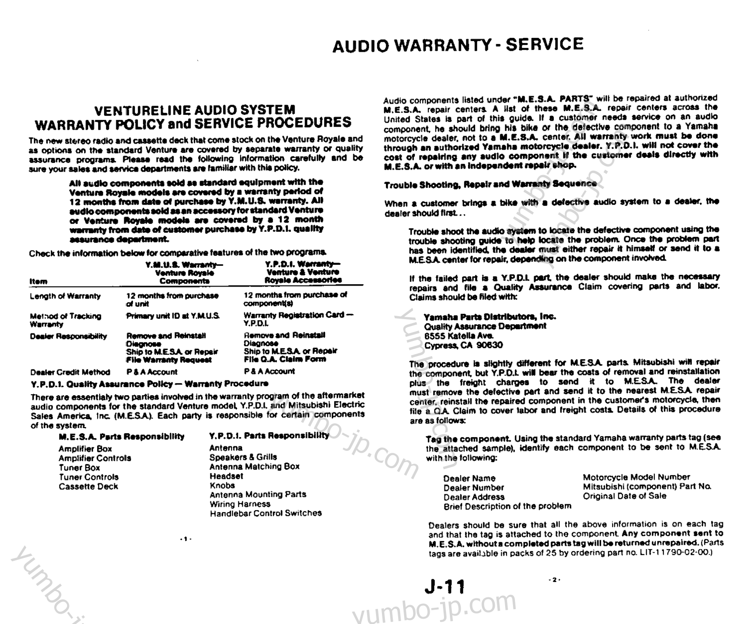 * Warranty Information Pg - 1* for motorcycles YAMAHA XVZ12DKC2 1984 year