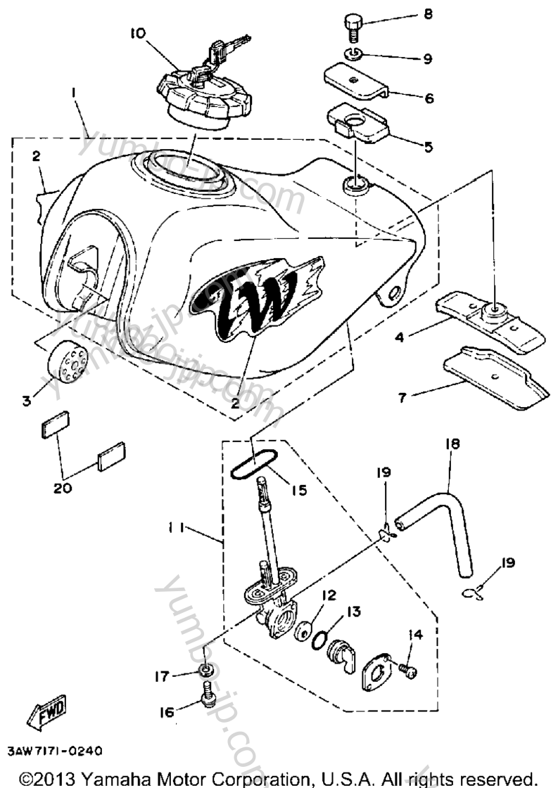 Fuel Tank Non California for motorcycles YAMAHA TRAILWAY (TW200B) 1991 year