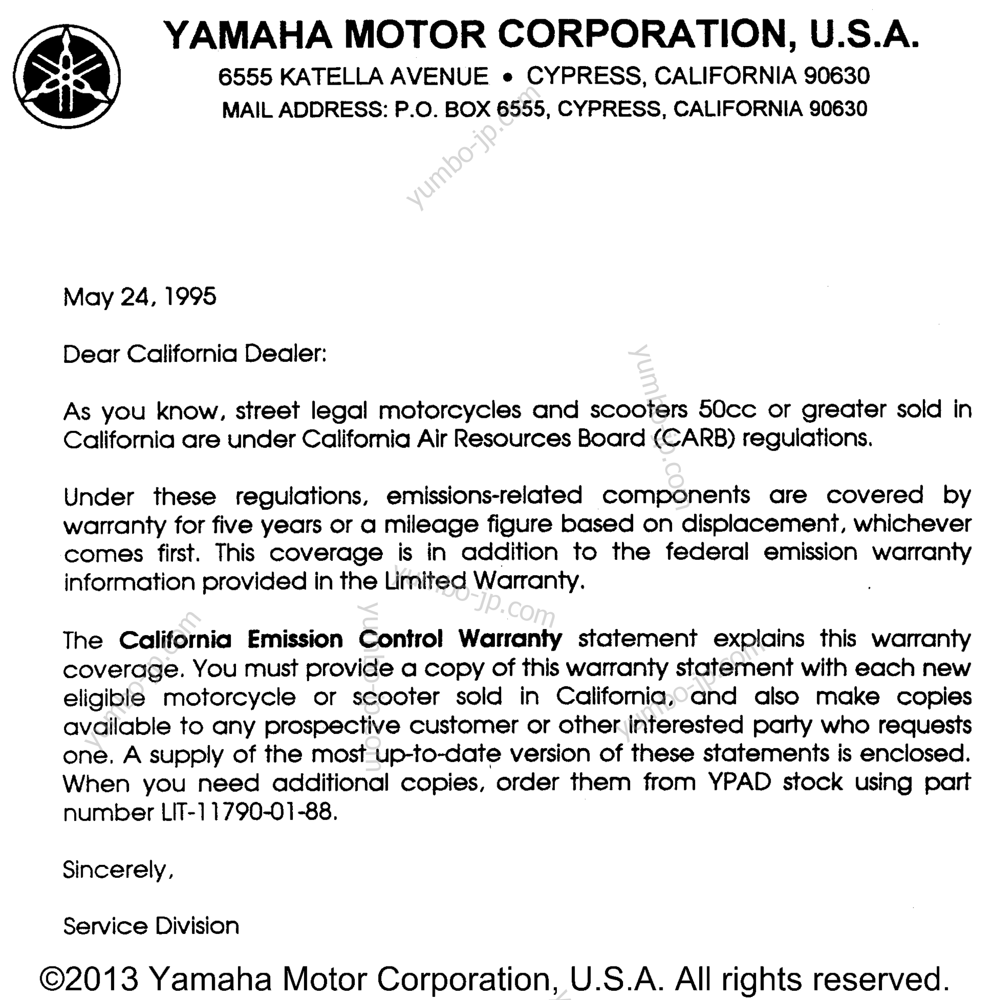 Audio Warranty Service Pg 1 for motorcycles YAMAHA FZR600RH 1996 year