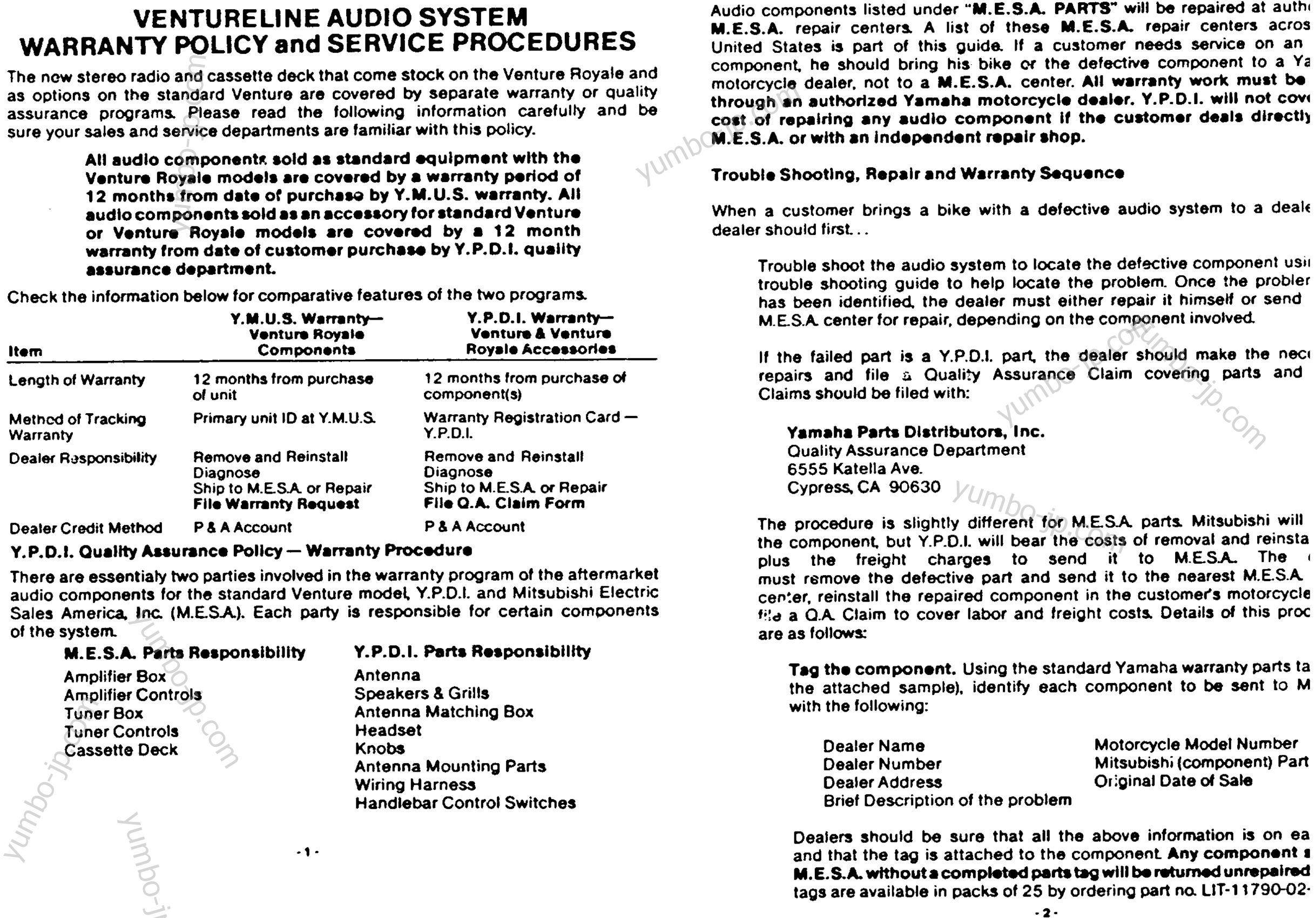 * Audio Warranty - Service Pg - 1 * for motorcycles YAMAHA XVZ12TDK 1983 year