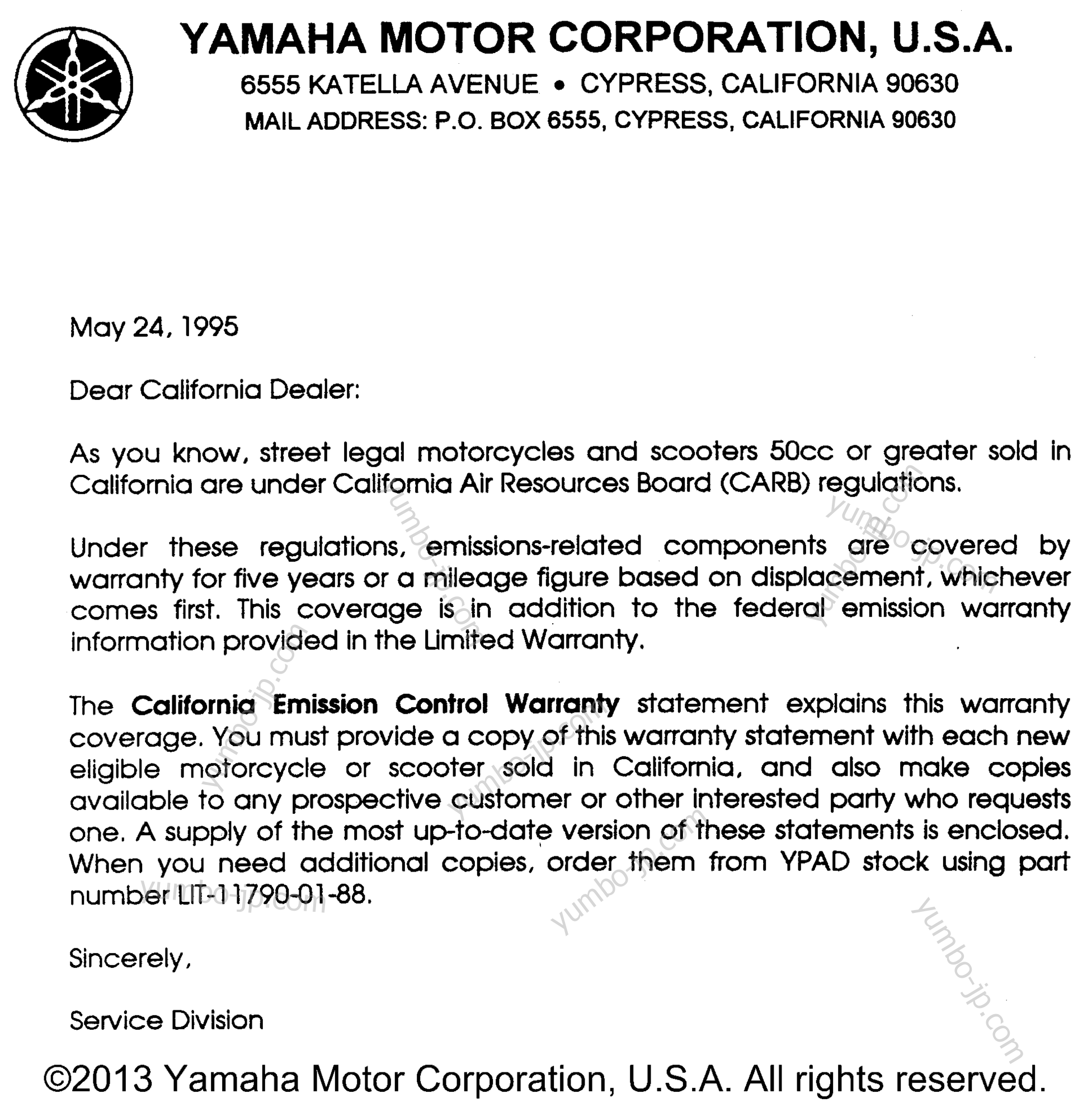 * Audio Warranty - Service Pg - 3 * for motorcycles YAMAHA XT350H 1996 year