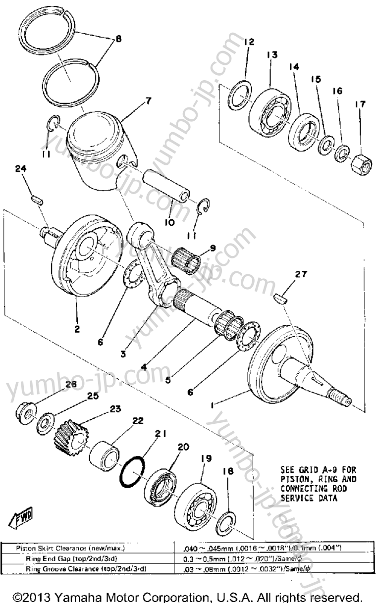 Crank-Piston for motorcycles YAMAHA TY175B 1975 year