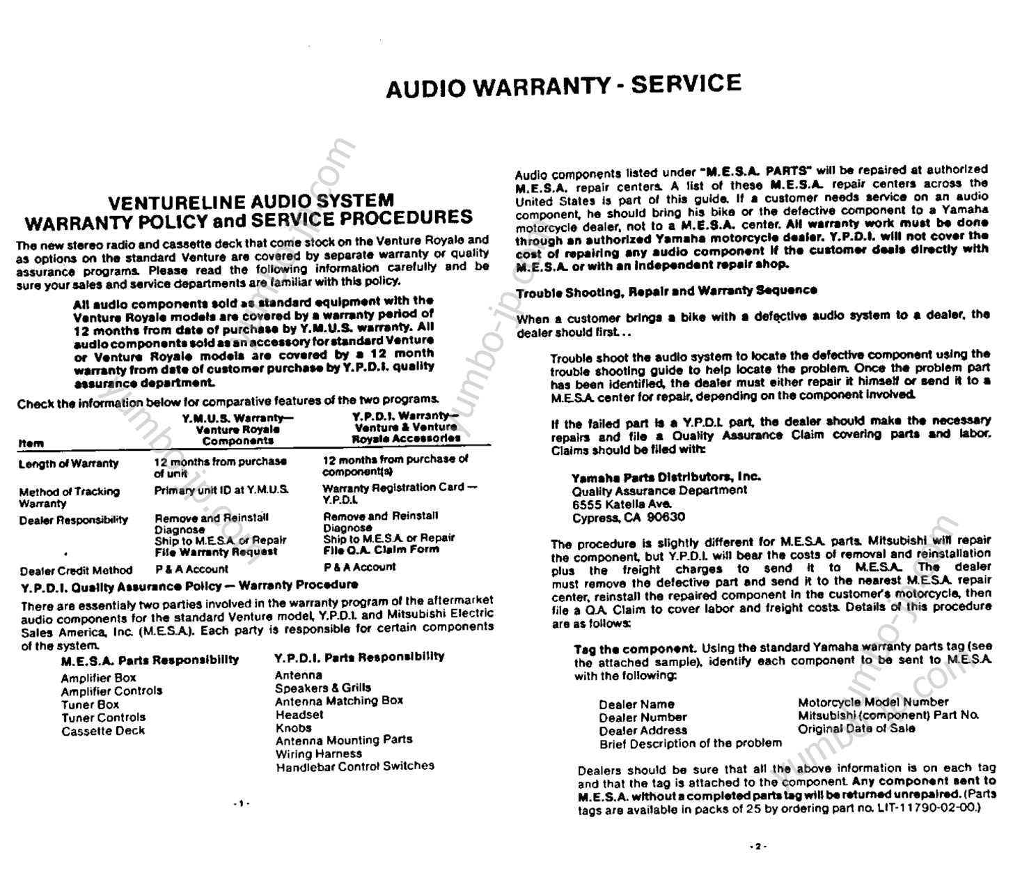 * Warranty Information Pg - 1* для мотоциклов YAMAHA XVZ12KC2 1984 г.