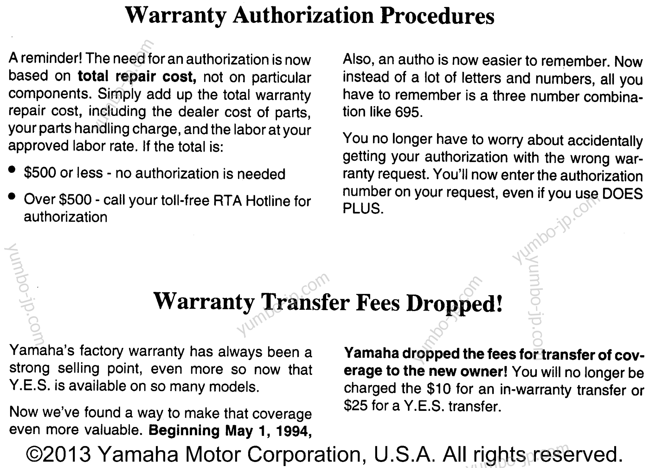 Audio Warranty Service Pg 1 for motorcycles YAMAHA YZF600RG 1995 year