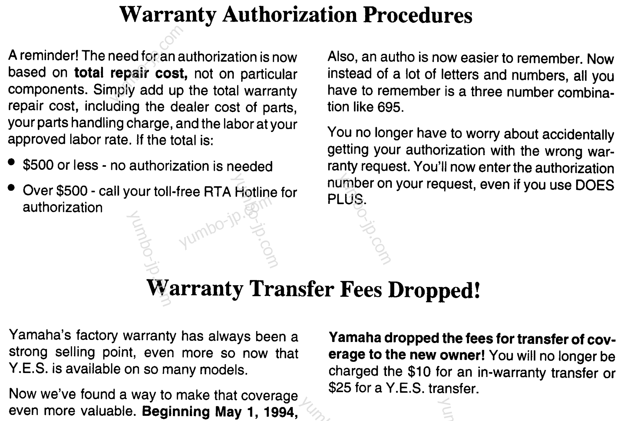 * Audio Warranty - Service Pg - 4 * for motorcycles YAMAHA TW200HC CA 1996 year