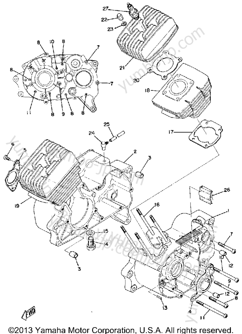 Crankcase Cylinder для мотоциклов YAMAHA RD125B 1975 г.