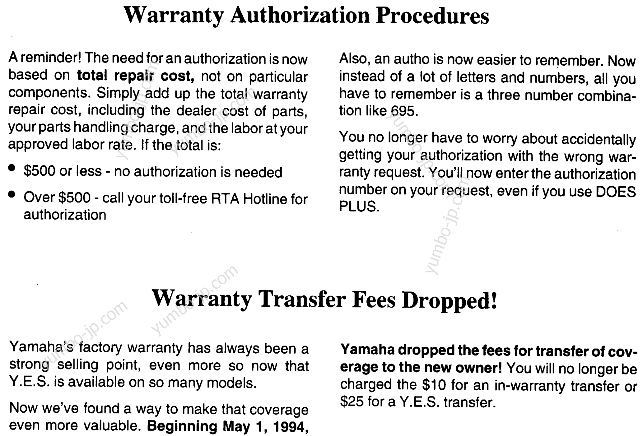 * Audio Warranty - Service Pg - 1 * for motorcycles YAMAHA YZF750RH 1996 year