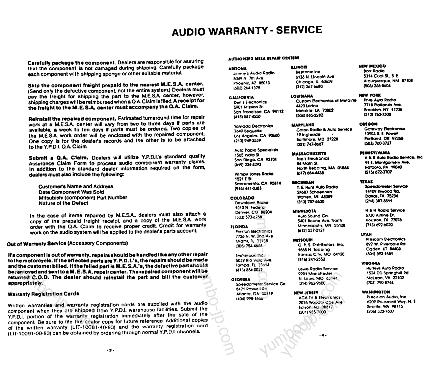 * Warranty Information Pg - 2* для мотоциклов YAMAHA XVZ12KC2 1984 г.