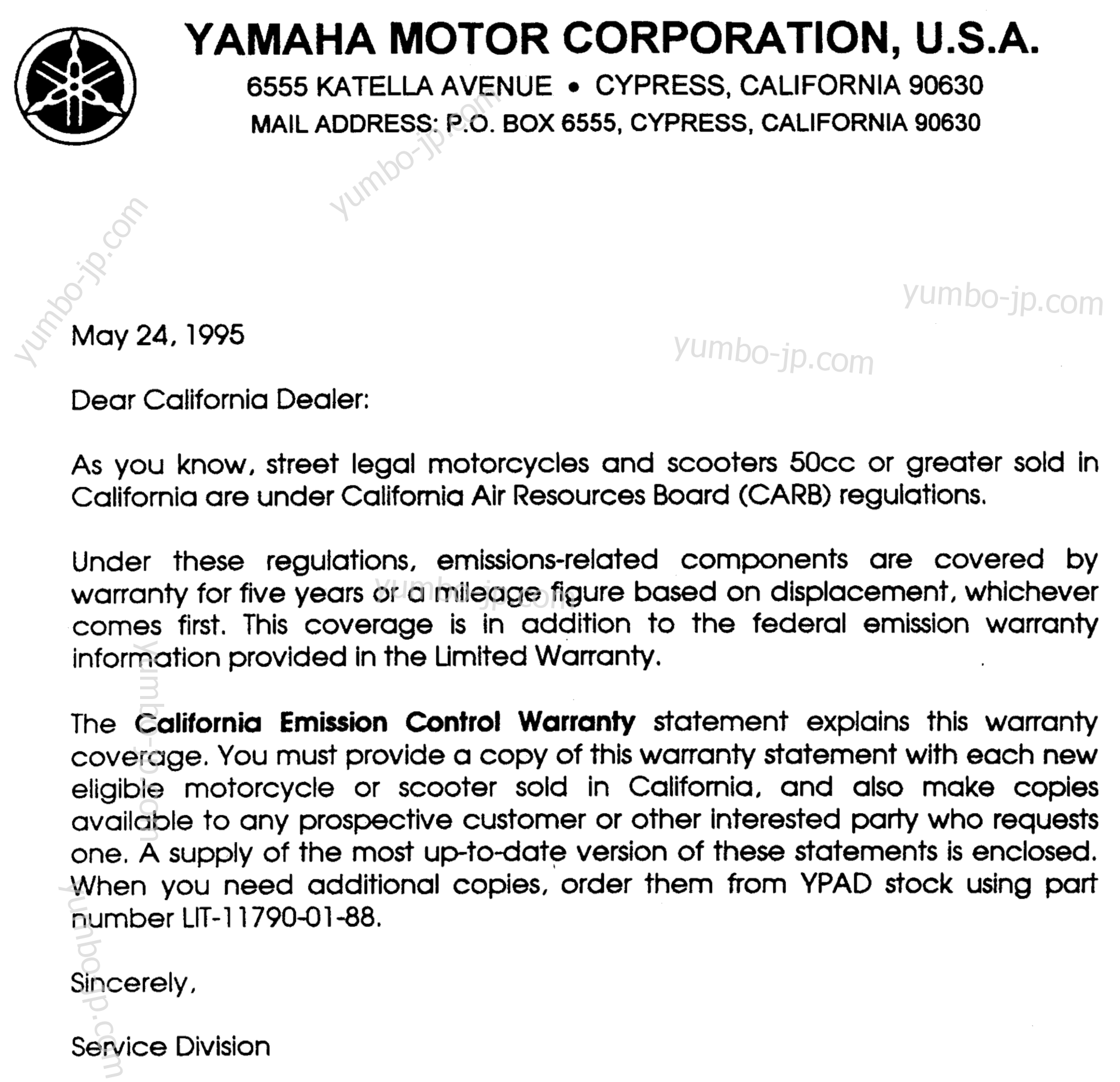 * Audio Warranty - Service Pg - 3 * for motorcycles YAMAHA V-MAX 1200 (VMX12HC) CA 1996 year