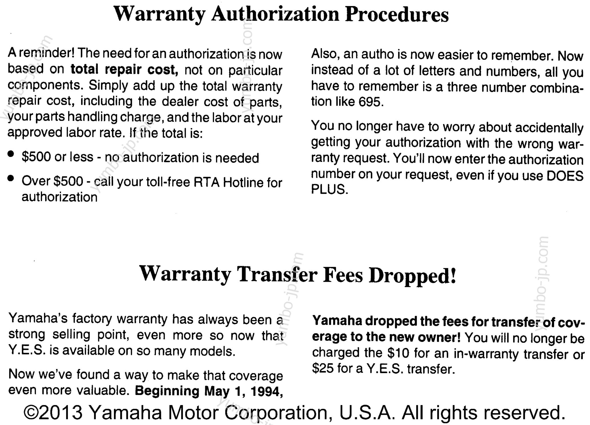 Audio Warranty Service Pg 1 for motorcycles YAMAHA YZF600RHC CA 1996 year