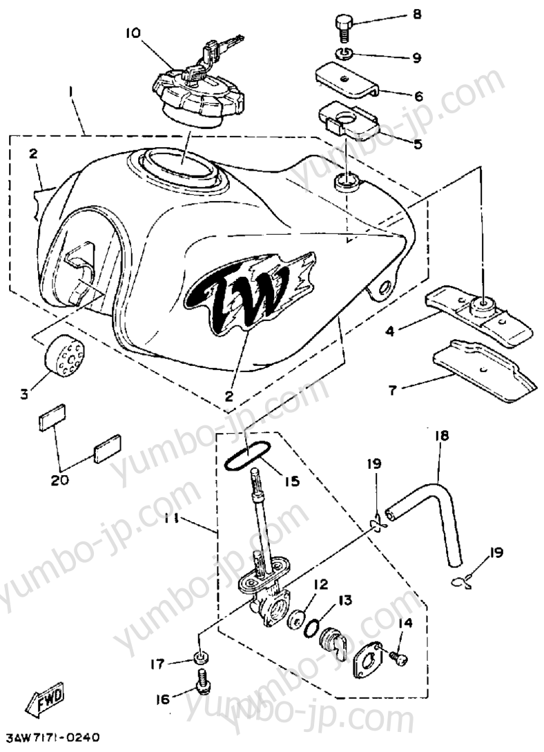 Fuel Tank (Non-California Model) для мотоциклов YAMAHA TRAILWAY (TW200D) 1992 г.