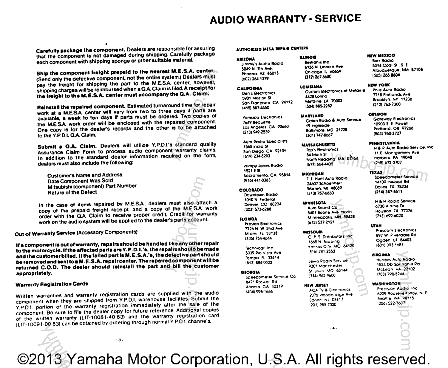 Warranty Information Pg 2 для мотоциклов YAMAHA XVZ12TK 1983 г.