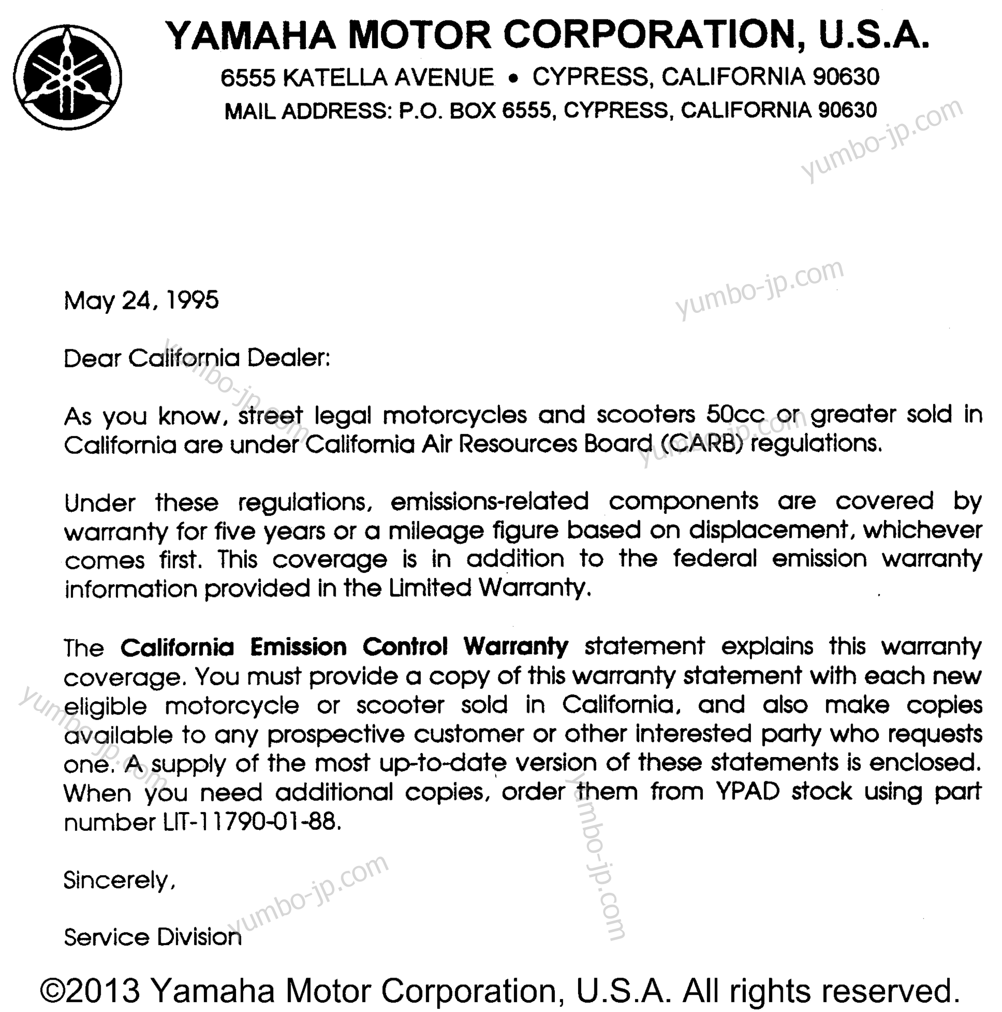 * Audio Warranty - Service Pg - 3 * для мотоциклов YAMAHA VIRAGO 250 (XV250HC) CA 1996 г.