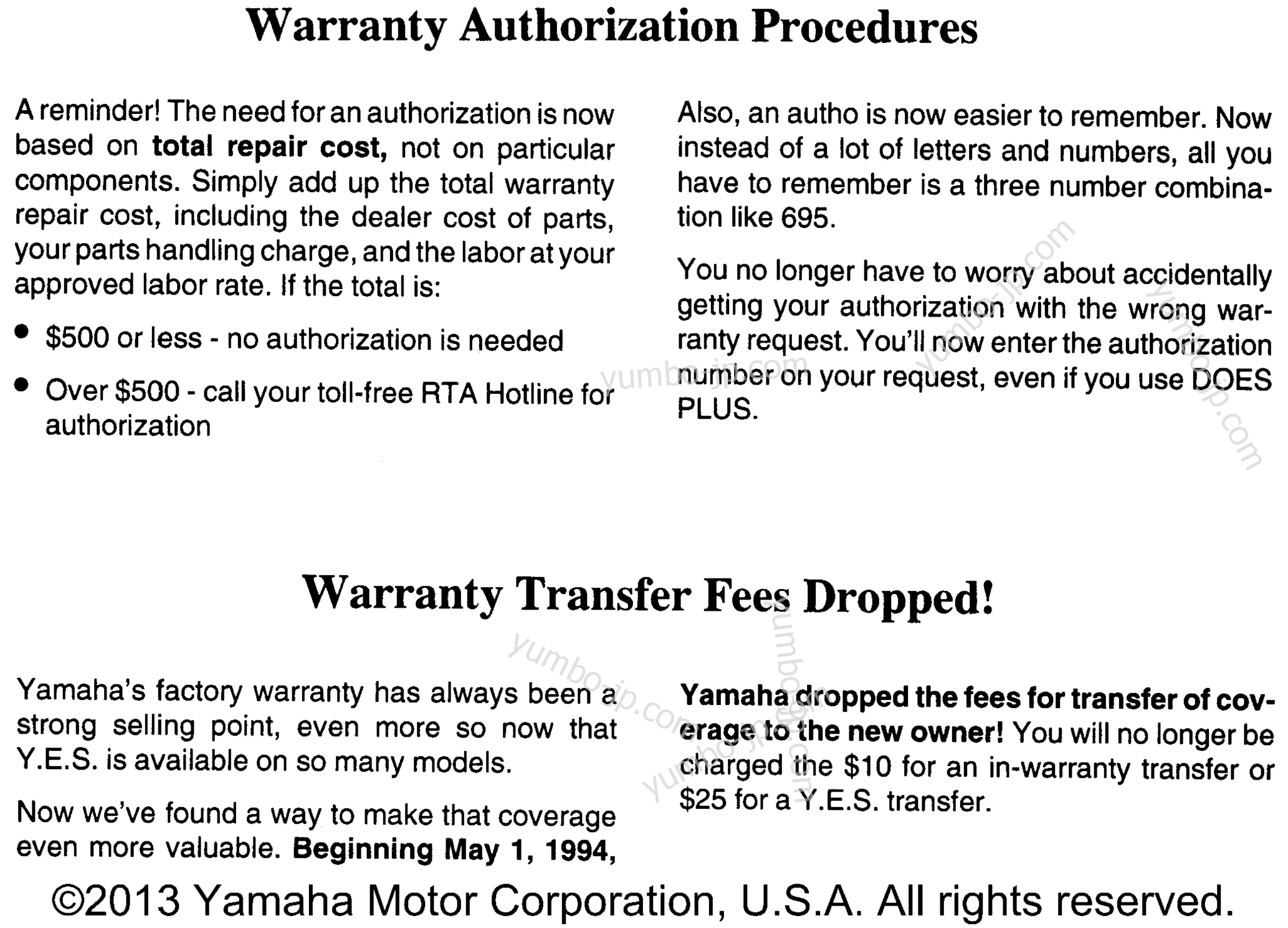 * Audio Warranty - Service Pg - 1 * for motorcycles YAMAHA RT100H 1996 year