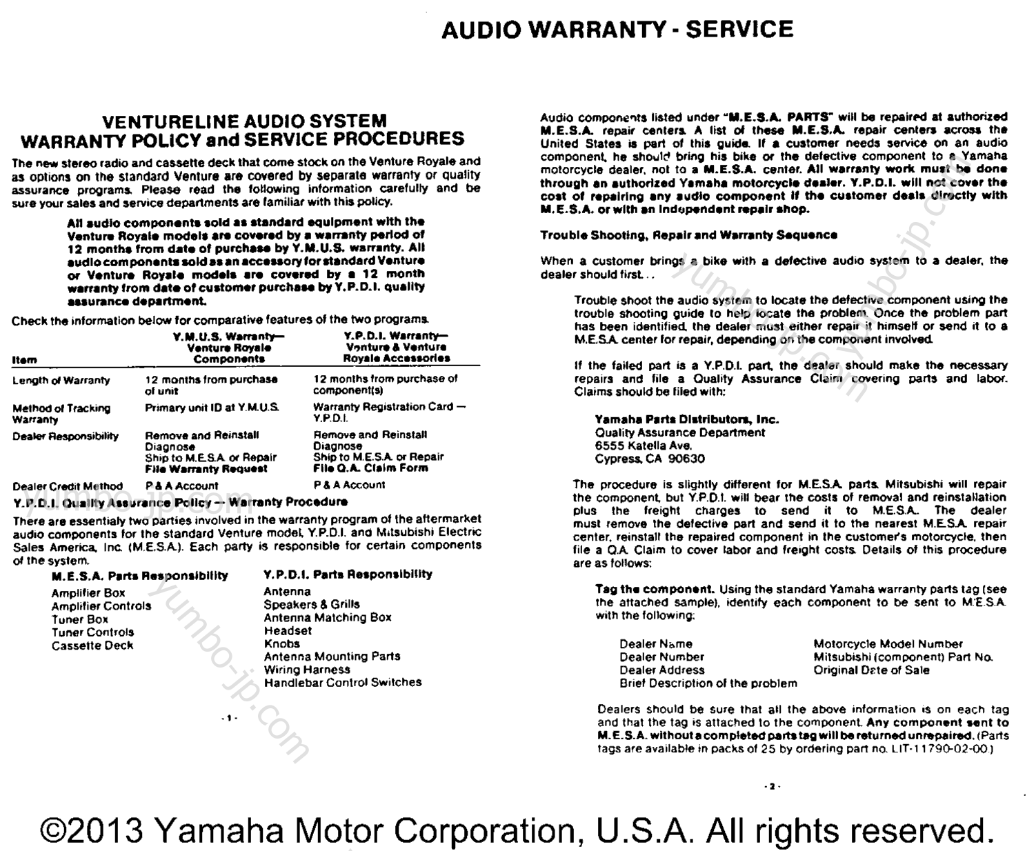 Warranty Information Pg 1 for motorcycles YAMAHA XVZ12TK 1983 year