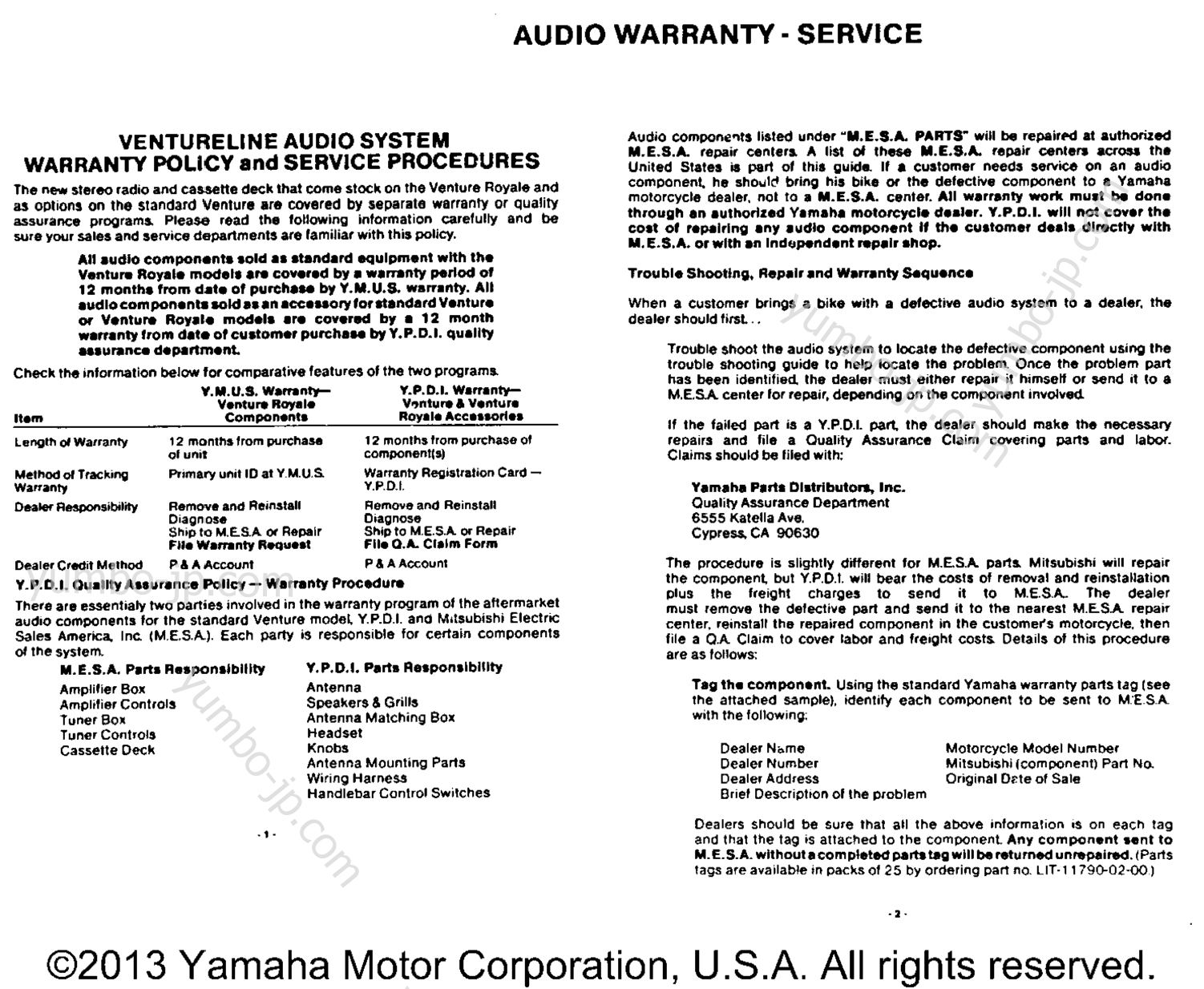 Warranty Information Pg 1 для мотоциклов YAMAHA XVZ12TK 1983 г.