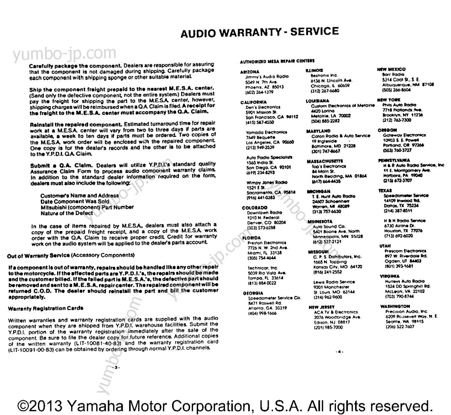 Warranty Information Pg 2 для мотоциклов YAMAHA XVZ12L 1984 г.
