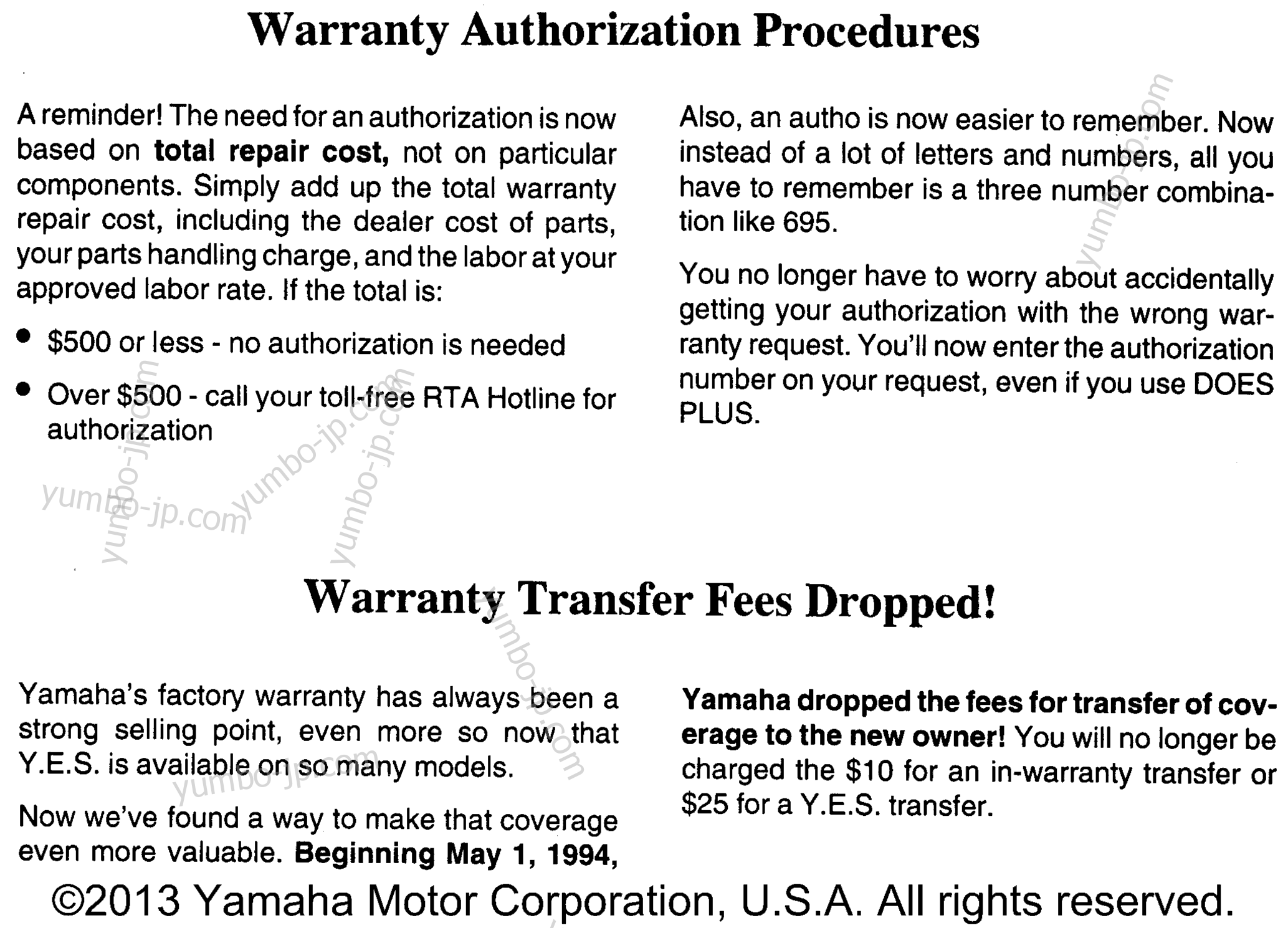 Audio Warranty Service Pg 1 for motorcycles YAMAHA YZF750RH 1996 year