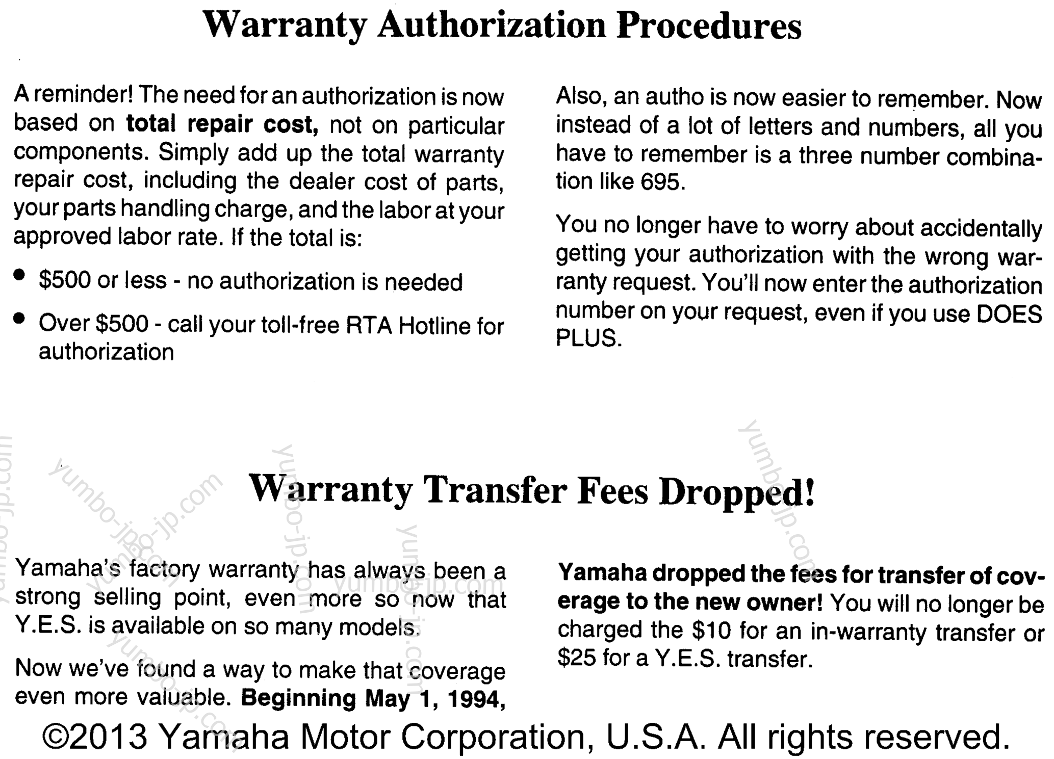 * Audio Warranty - Service Pg - 4 * for motorcycles YAMAHA XT350H 1996 year
