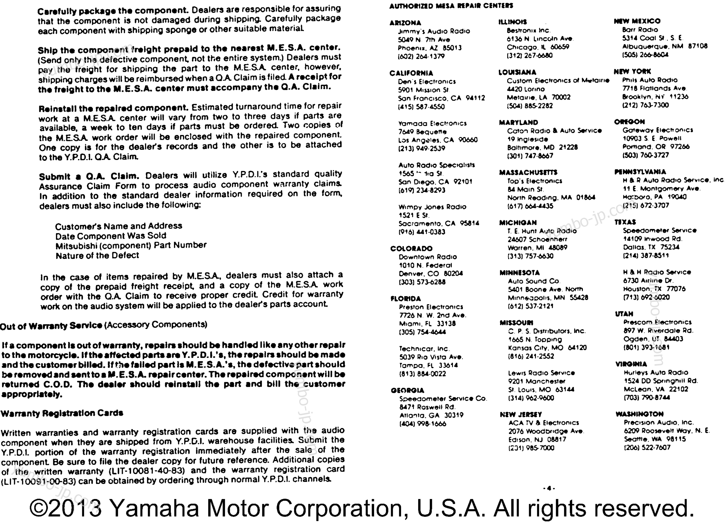 Audio Warranty Service Pg 2 for motorcycles YAMAHA XVZ12TDK 1983 year