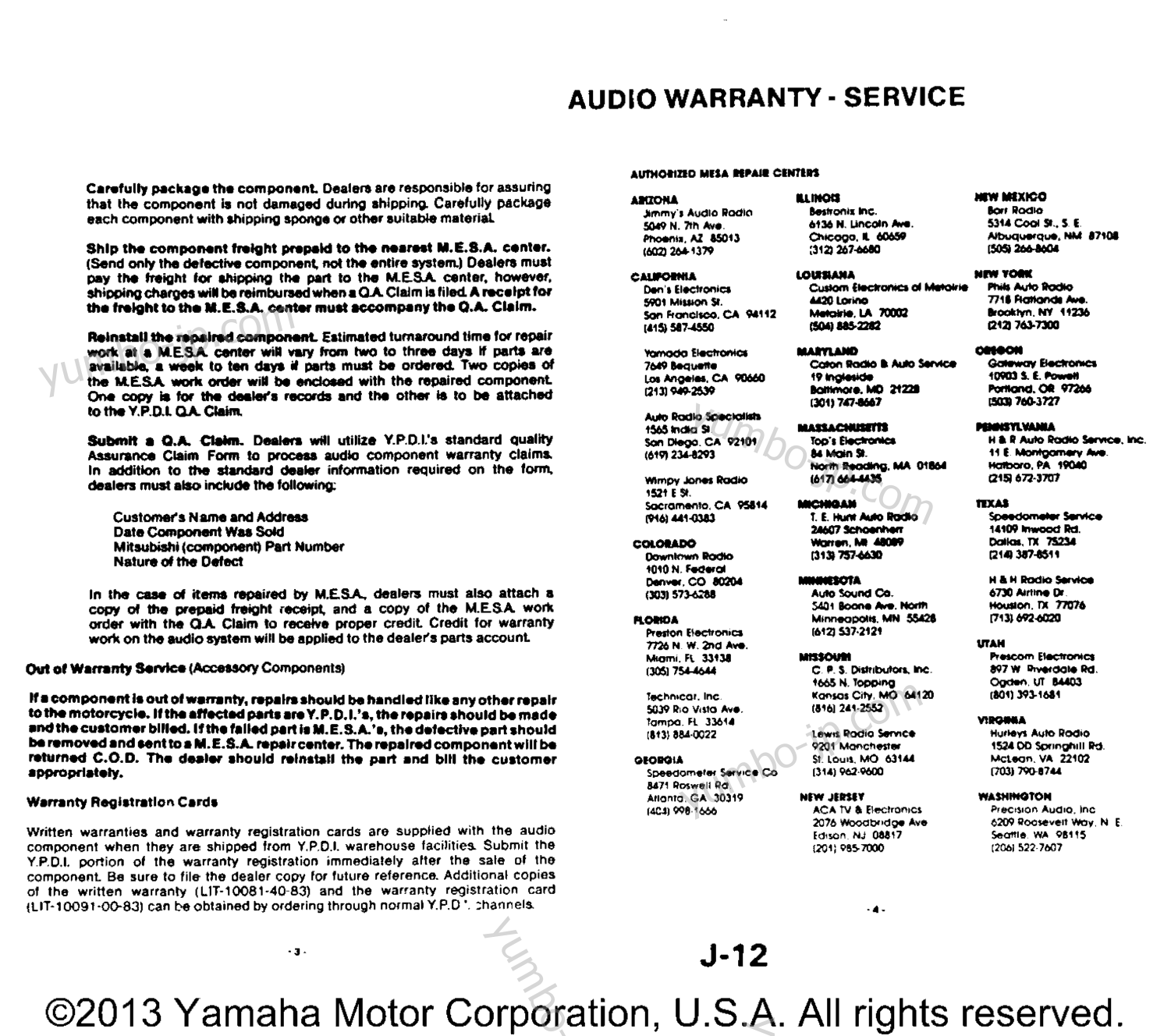 Warranty Information Pg 2 for motorcycles YAMAHA XVZ12DL 1984 year