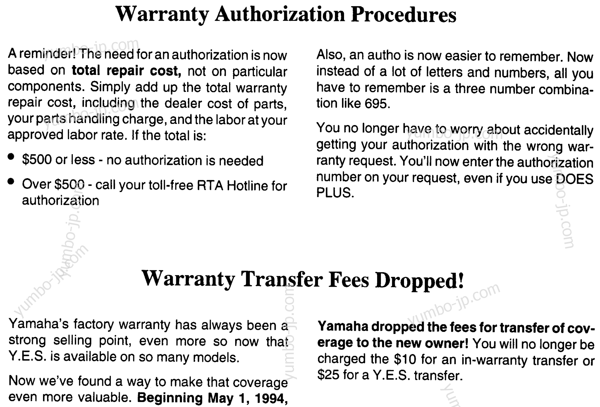 * Audio Warranty - Service Pg - 4 * for motorcycles YAMAHA SEROW (XT225HC) CA 1996 year