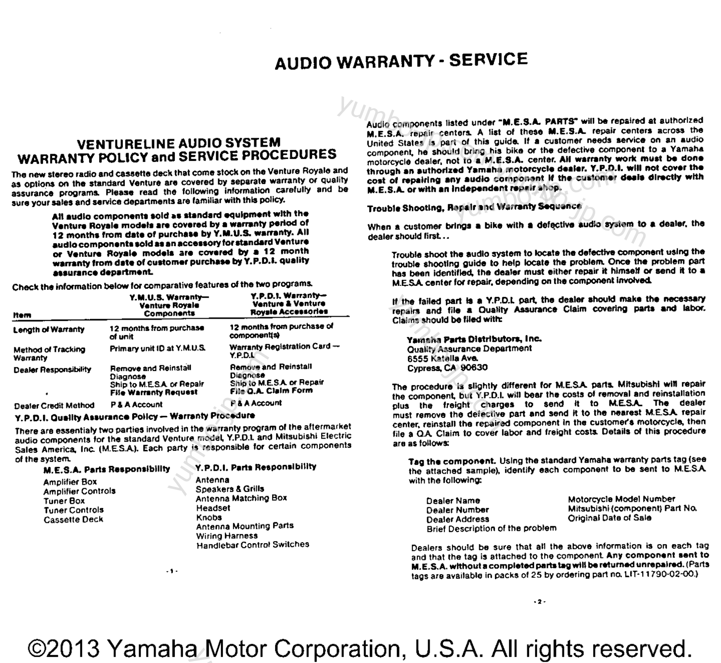 Warranty Information Pg 1 for motorcycles YAMAHA XVZ12KC2 1984 year