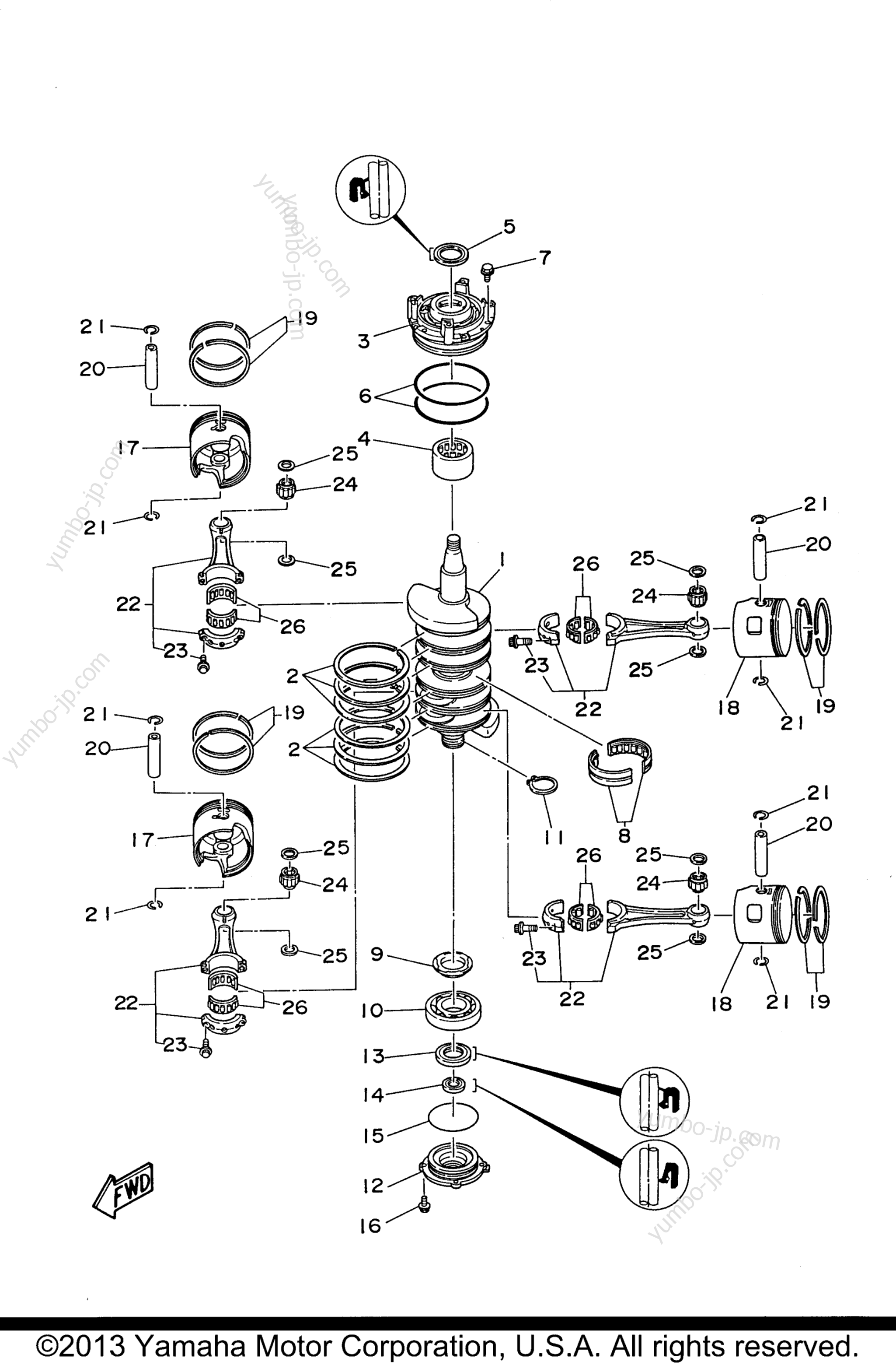 Коленвал и поршневая группа для лодочных моторов YAMAHA S130TXRU 1996 г.