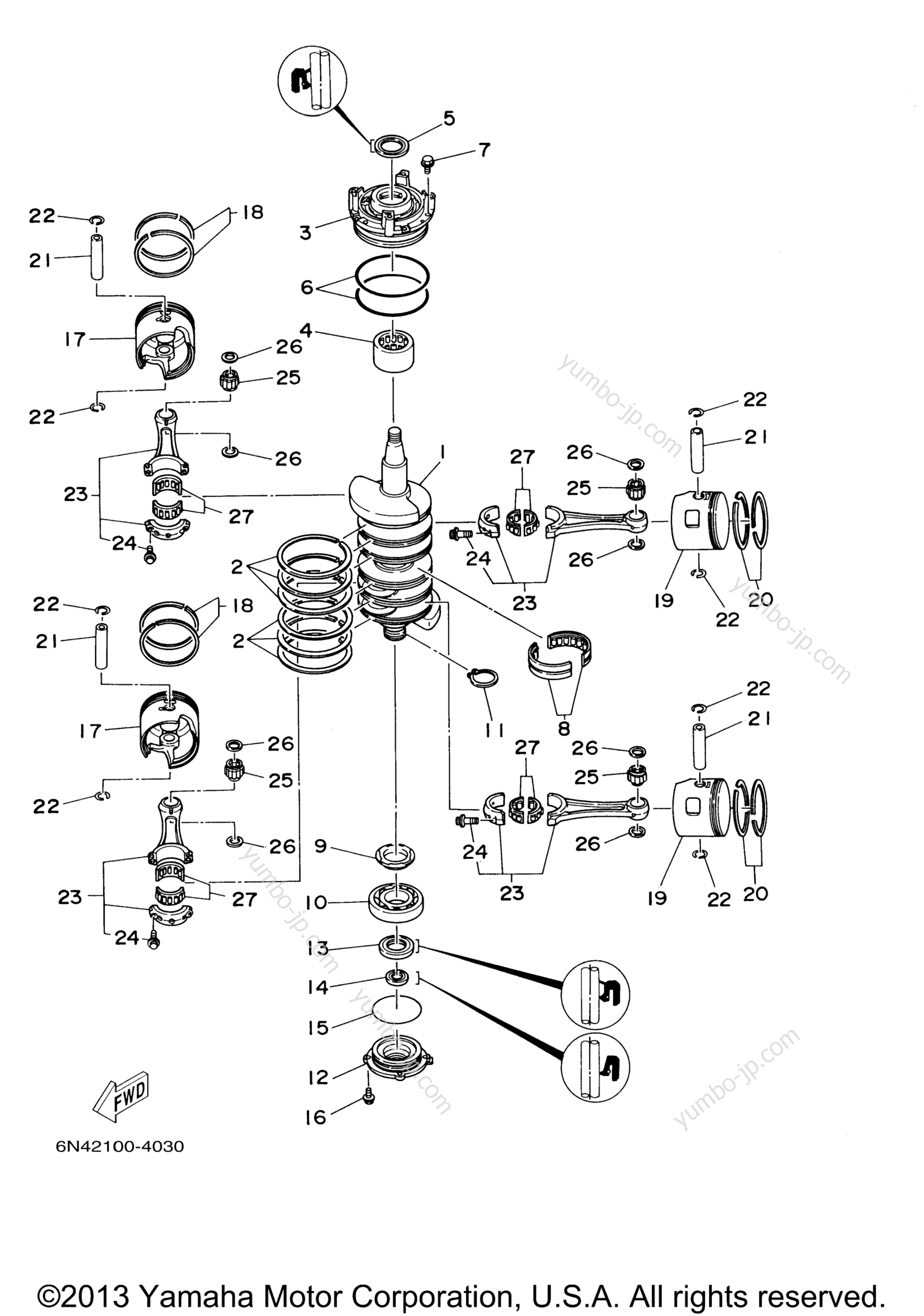 Коленвал и поршневая группа для лодочных моторов YAMAHA 115TLR (0405) 6E5-1014963~1018222 2006 г.