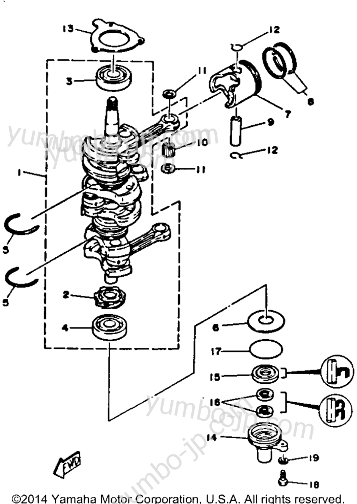 Коленвал и поршневая группа для лодочных моторов YAMAHA 50TLHR 1993 г.