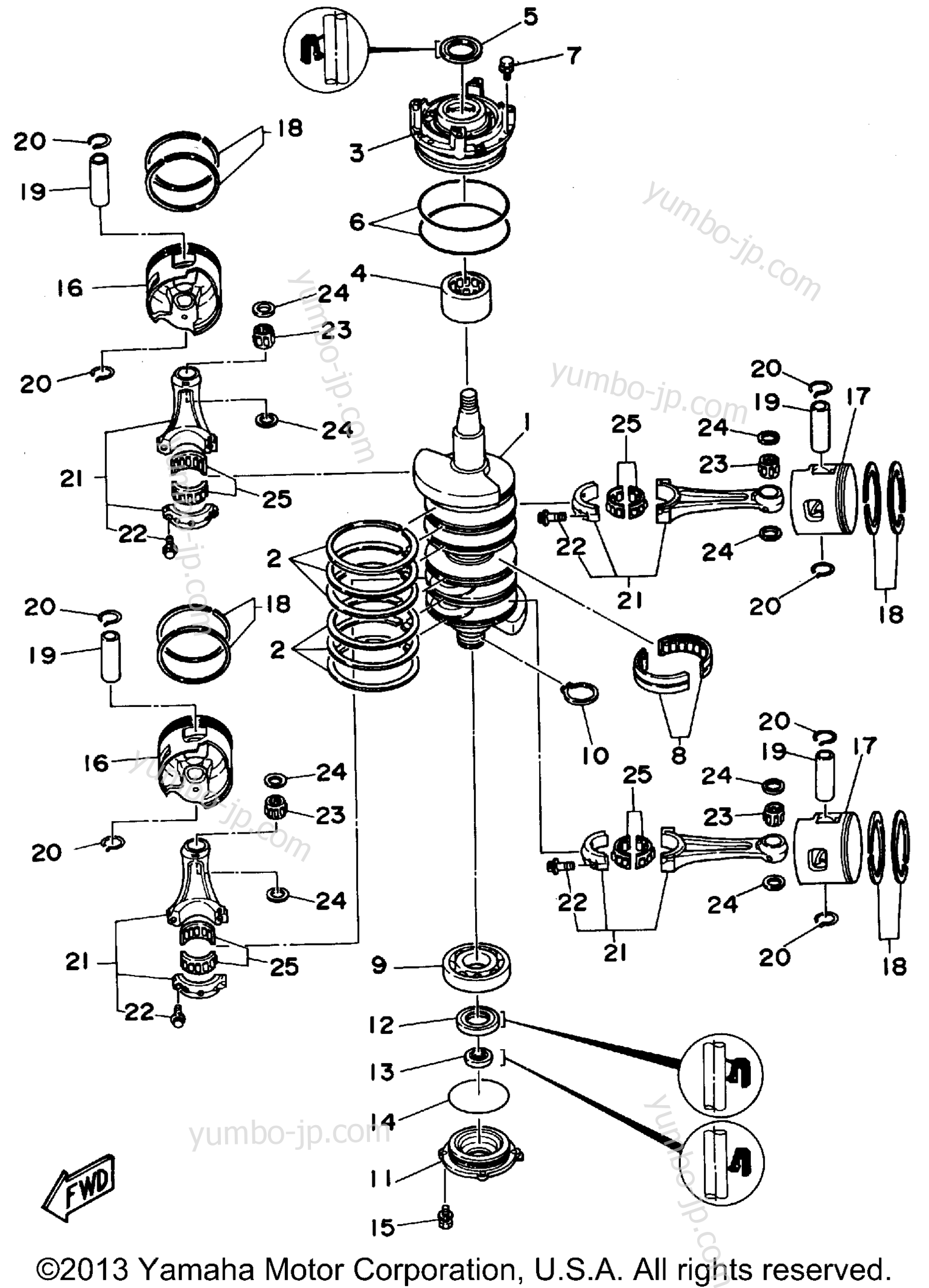 Коленвал и поршневая группа для лодочных моторов YAMAHA C115TLRS 1994 г.