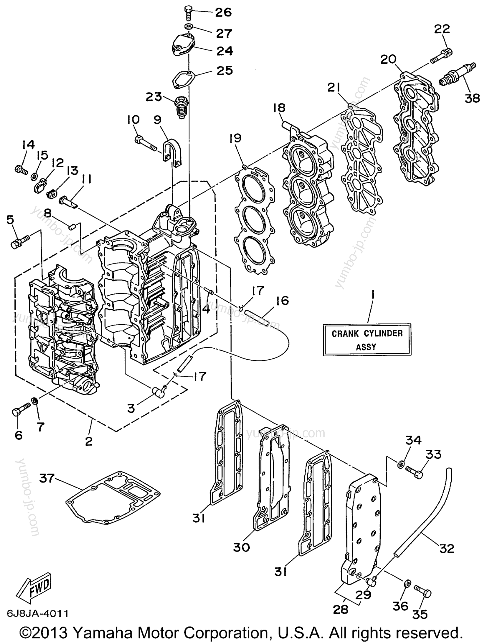 Cylinder Crankcase для лодочных моторов YAMAHA 30MSHX_MLHX_ELHX_ELRX (30ELRX) 1999 г.