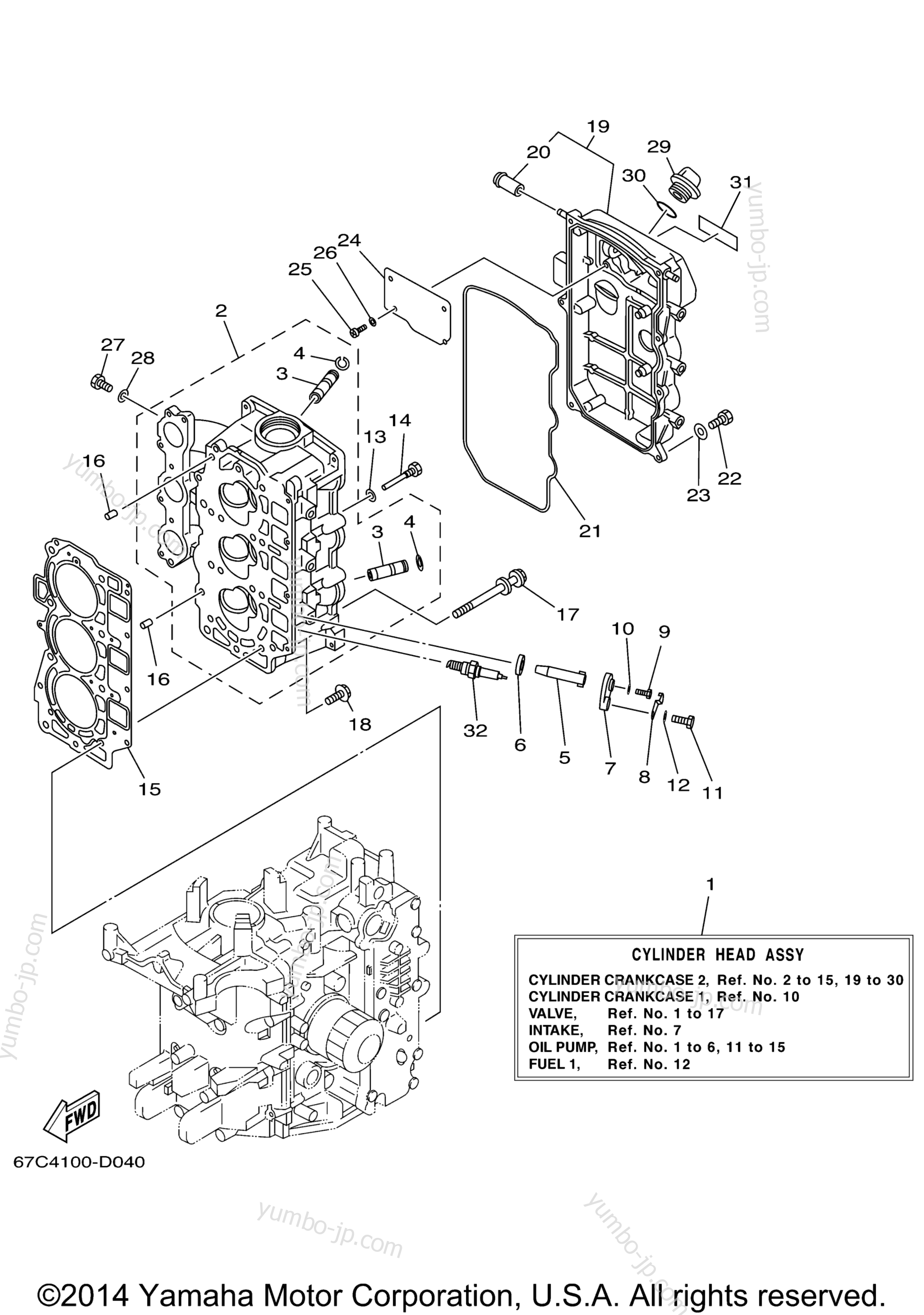Cylinder Crankcase 2 для лодочных моторов YAMAHA F40MJH (0406) 67C-1028012~1035036 2006 г.