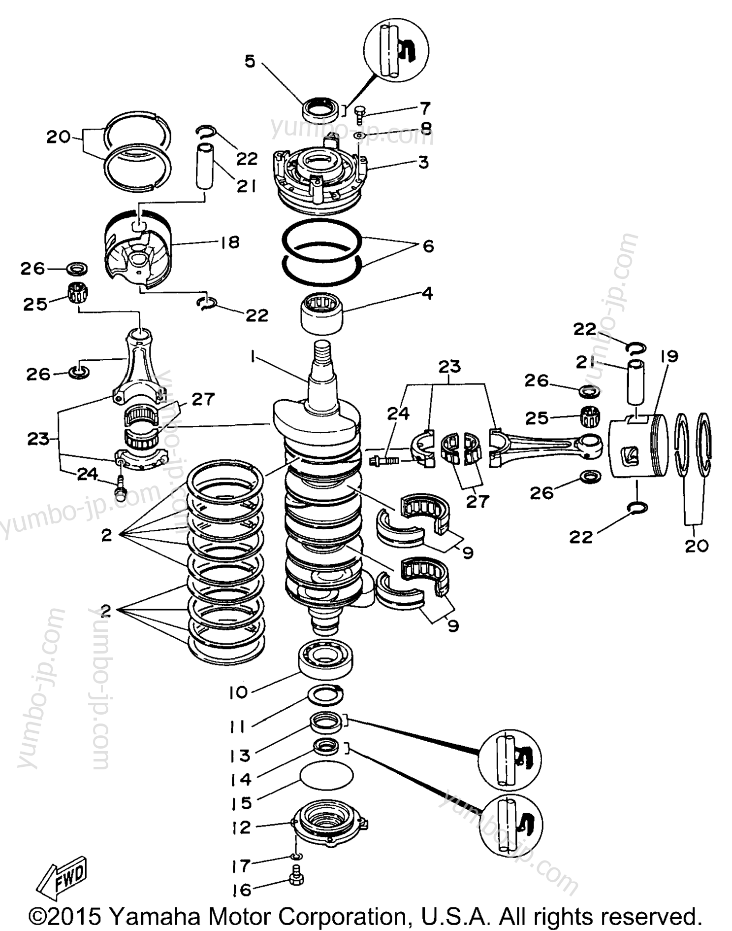 Коленвал и поршневая группа для лодочных моторов YAMAHA C150TLRV 1997 г.