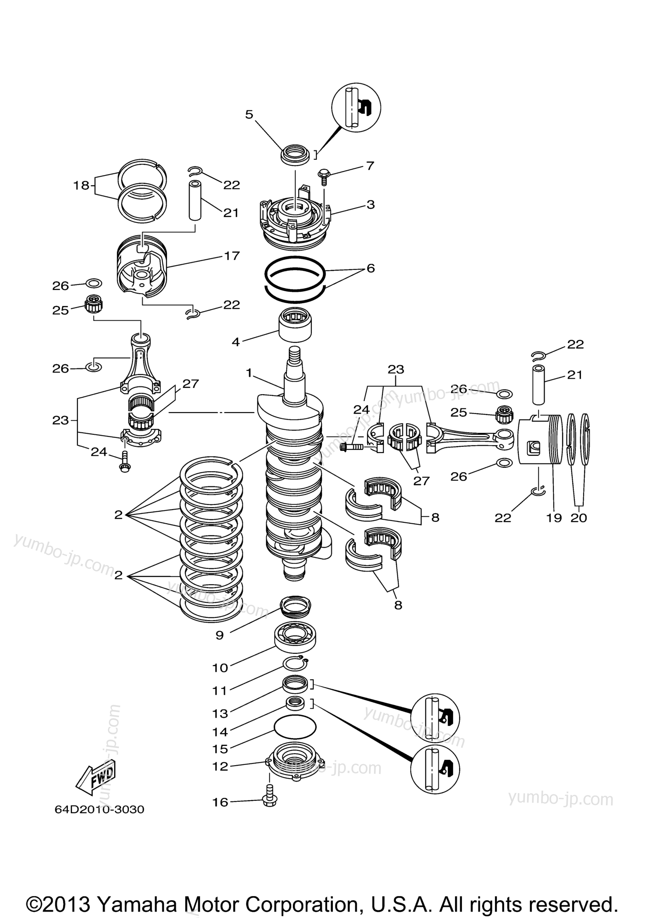 Коленвал и поршневая группа для лодочных моторов YAMAHA 150TXR (0408) 2006 г.