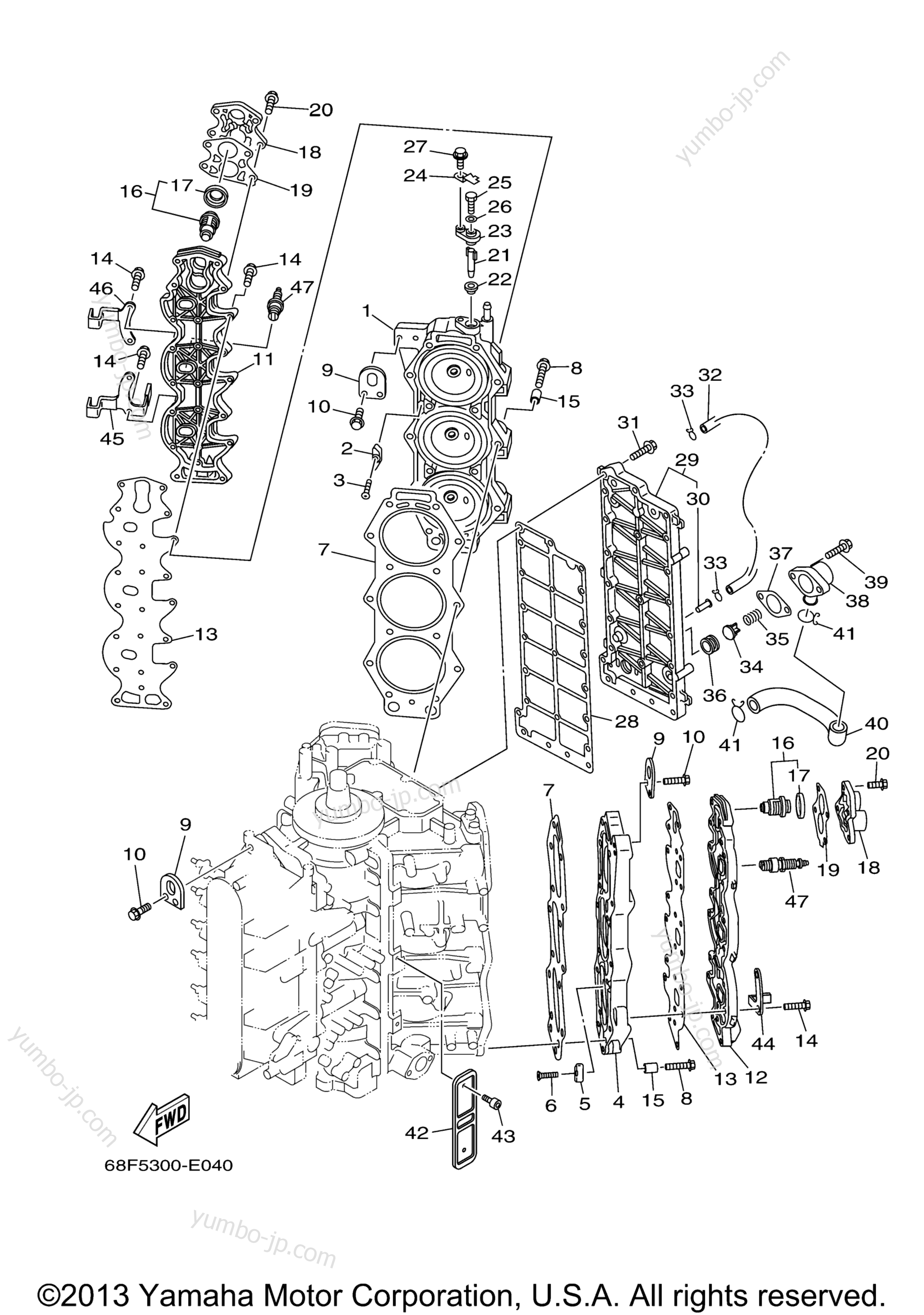 Cylinder Crankcase 2 для лодочных моторов YAMAHA VZ150TLR (0407) 6J9-1012795~ VZ175TLR 62H-1001633~ 2006 г.